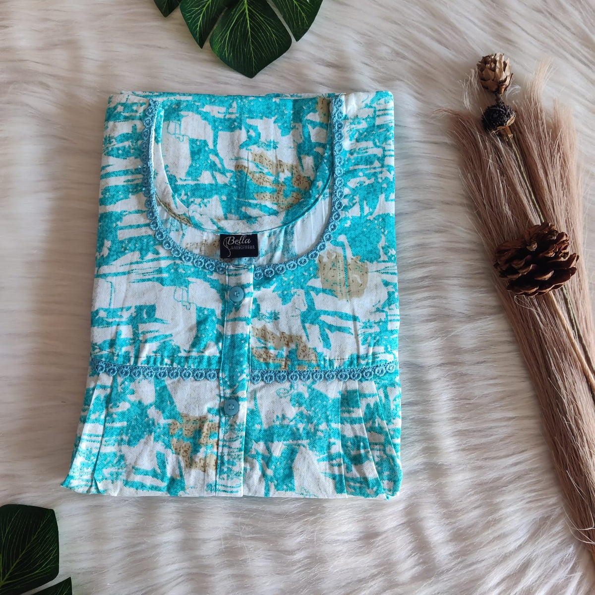 White And Aqua Blue Printed Premium Cotton Lace Button Nighty | Free Size | Chest Width 44″| Length 54″-56″