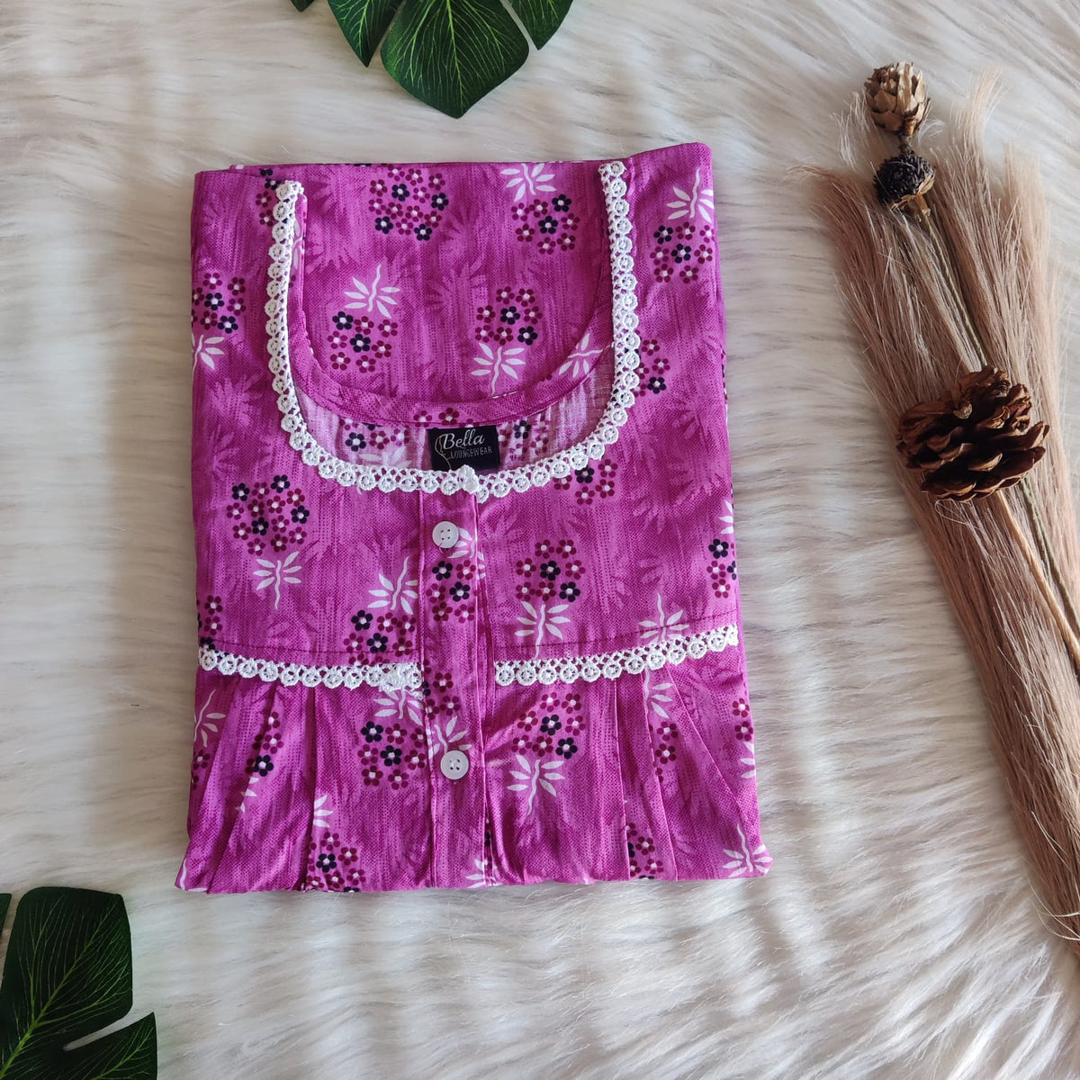 Mauve Pink Floral Printed Premium Cotton Lace Button Nighty | Free Size | Chest Width 44″| Length 54″-56″