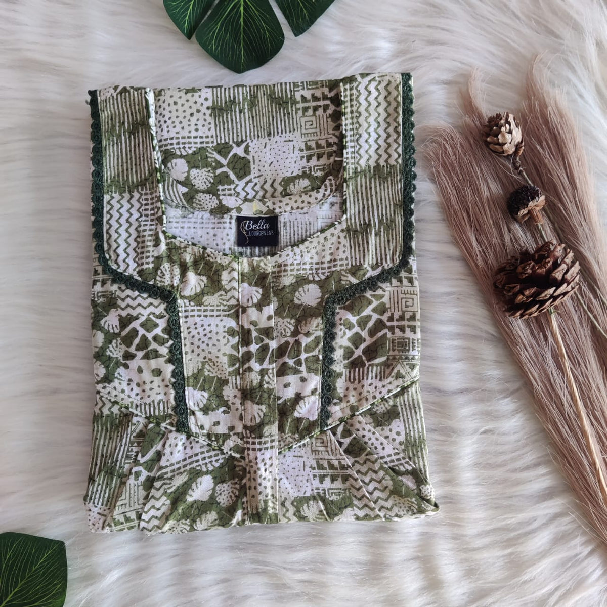 Green Printed Premium Cotton Long Zip Lace Feeding Nighty | Free Size | Chest Width 44″| Length 56″