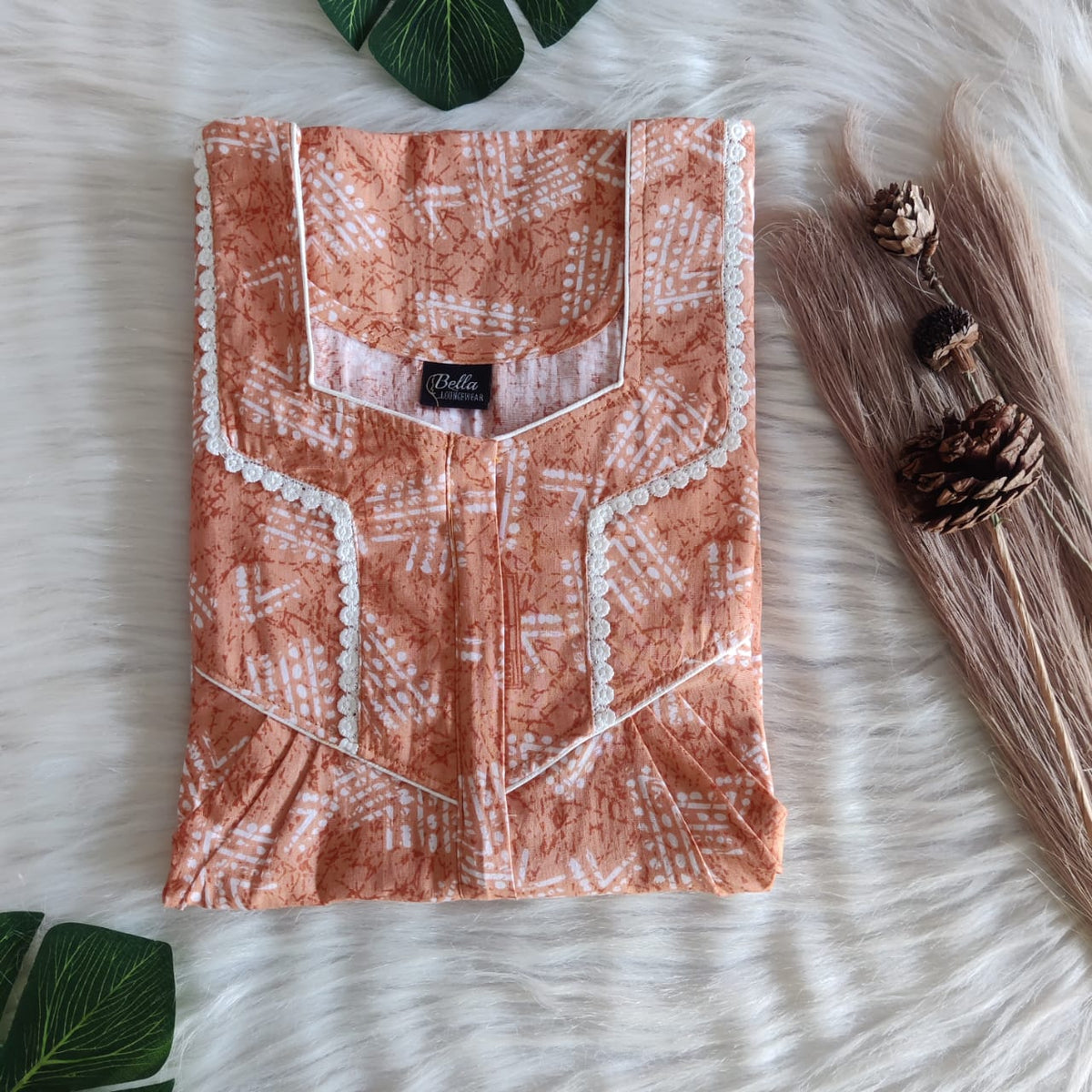 Pastel Brown And White Printed Premium Cotton Long Zip Lace Feeding Nighty | Free Size | Chest Width 44″| Length 56″