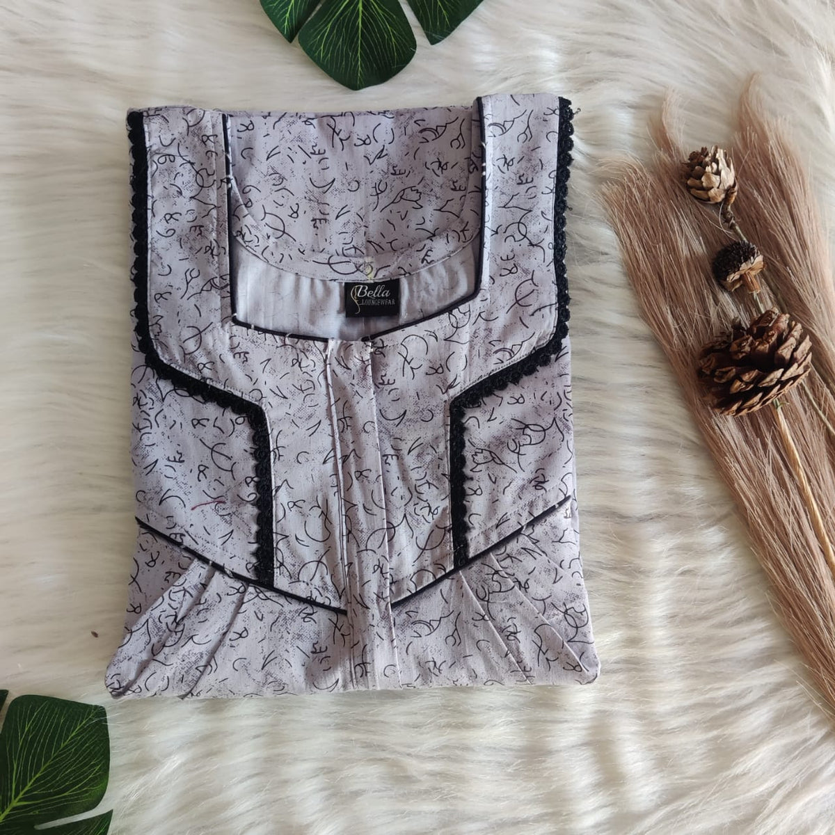 Grey Printed Premium Cotton Long Zip Lace Feeding Nighty | Free Size | Chest Width 44″| Length 56″