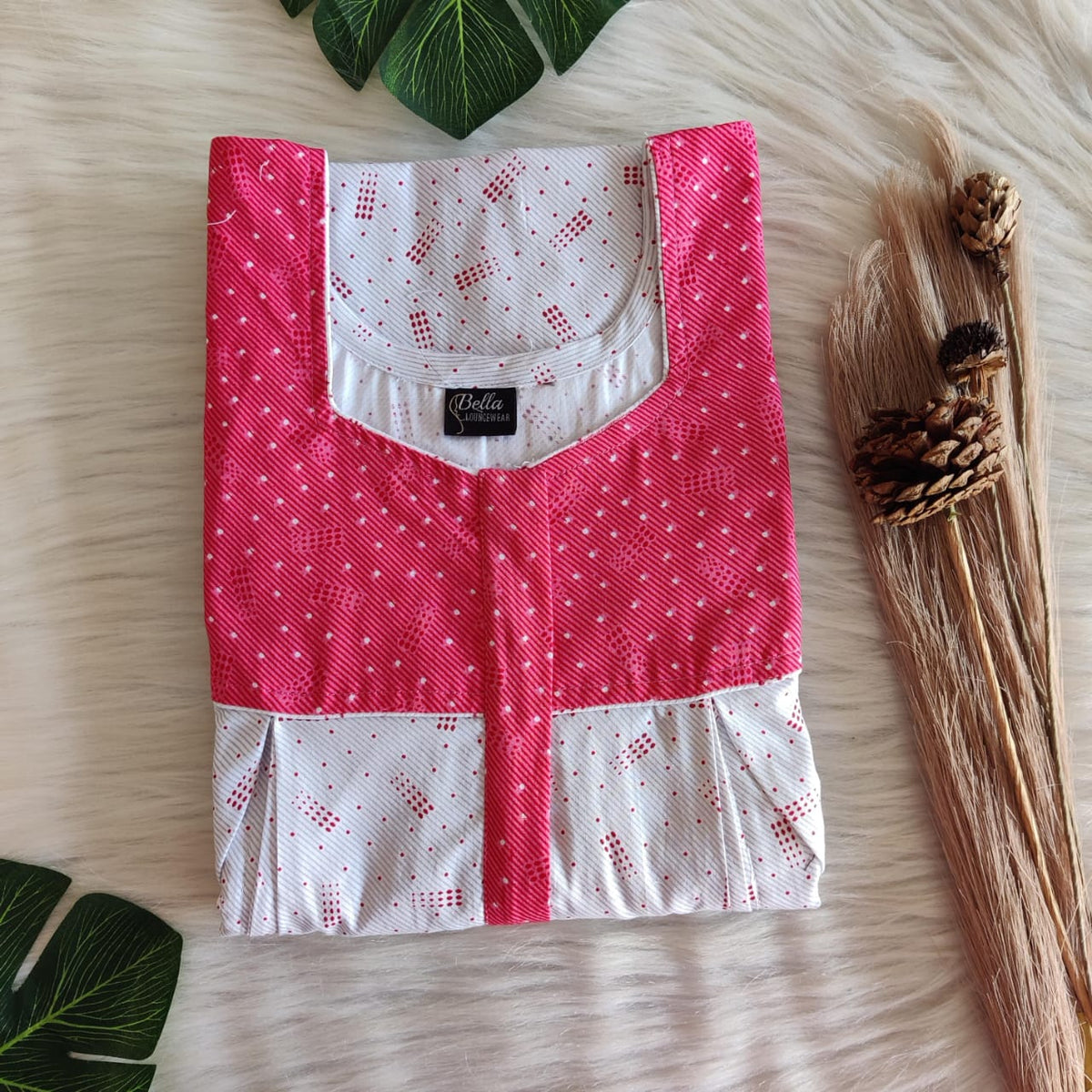Peach And White Printed Premium Cotton Pleated Vertical Zip Feeding Nighty | Free Size | Chest Width 44″| Length 54″-56″