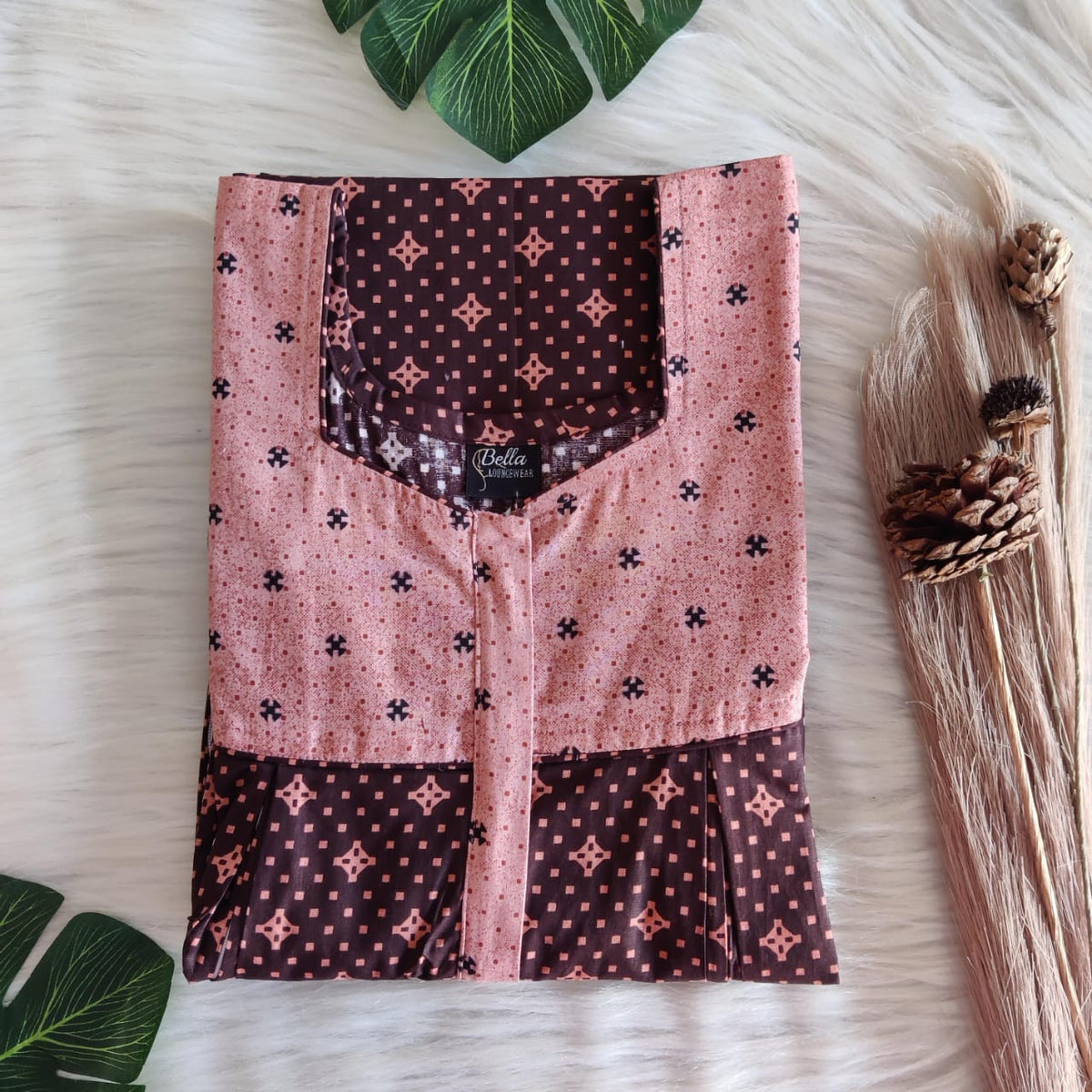 Pastel And Dark Brown Printed Premium Cotton Pleated Vertical Zip Feeding Nighty | Free Size | Chest Width 44″| Length 54″-56″
