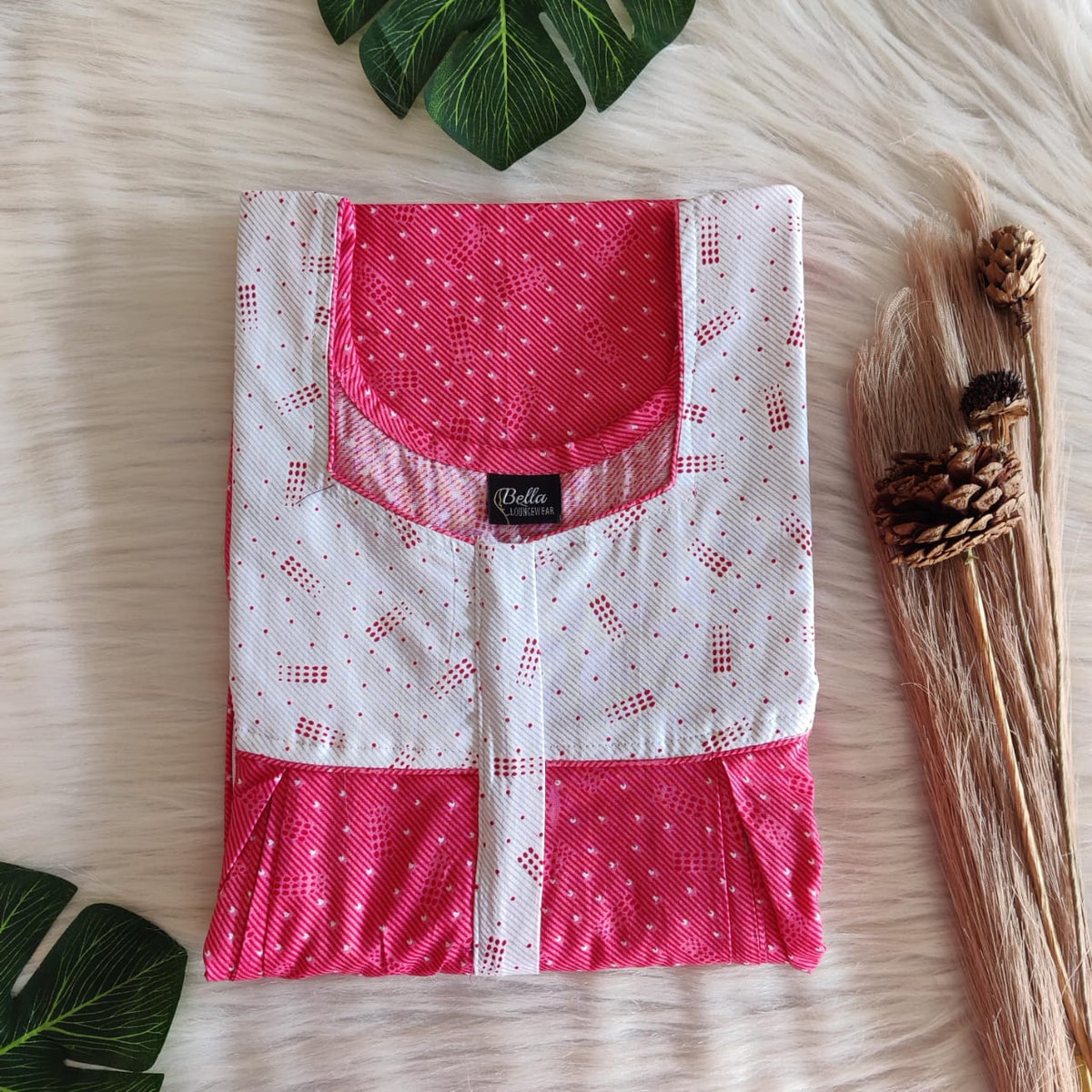 White And Peach Printed Premium Cotton Pleated Vertical Zip Feeding Nighty | Free Size | Chest Width 44″| Length 54″-56″