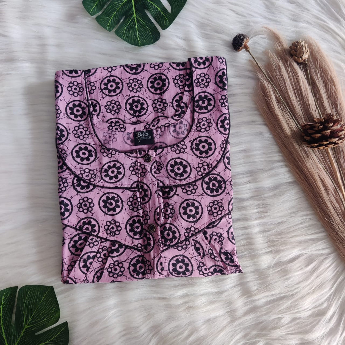 Pink And Black Floral Premium Cotton Long Zip Pleated Nighty | Chest Width 44″ | Length 56″|