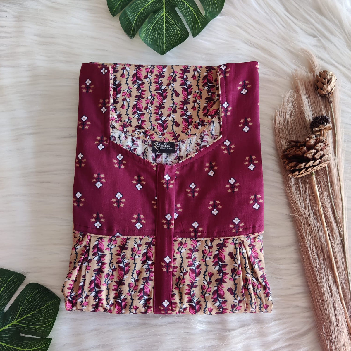 Maroon And Cream Printed Premium Cotton Pleated Vertical Zip Feeding Nighty | Free Size | Chest Width 44″| Length 54″-56″