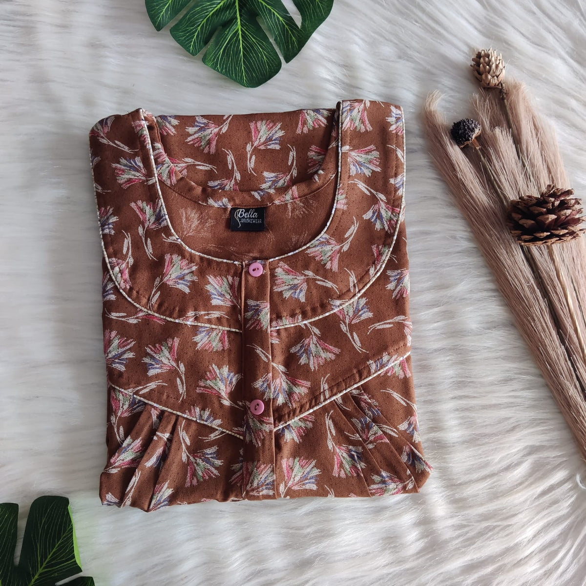 Brown Printed Alfine Long Zip Feeding Nighty | Free Size | Chest Width 44″| Length 56″