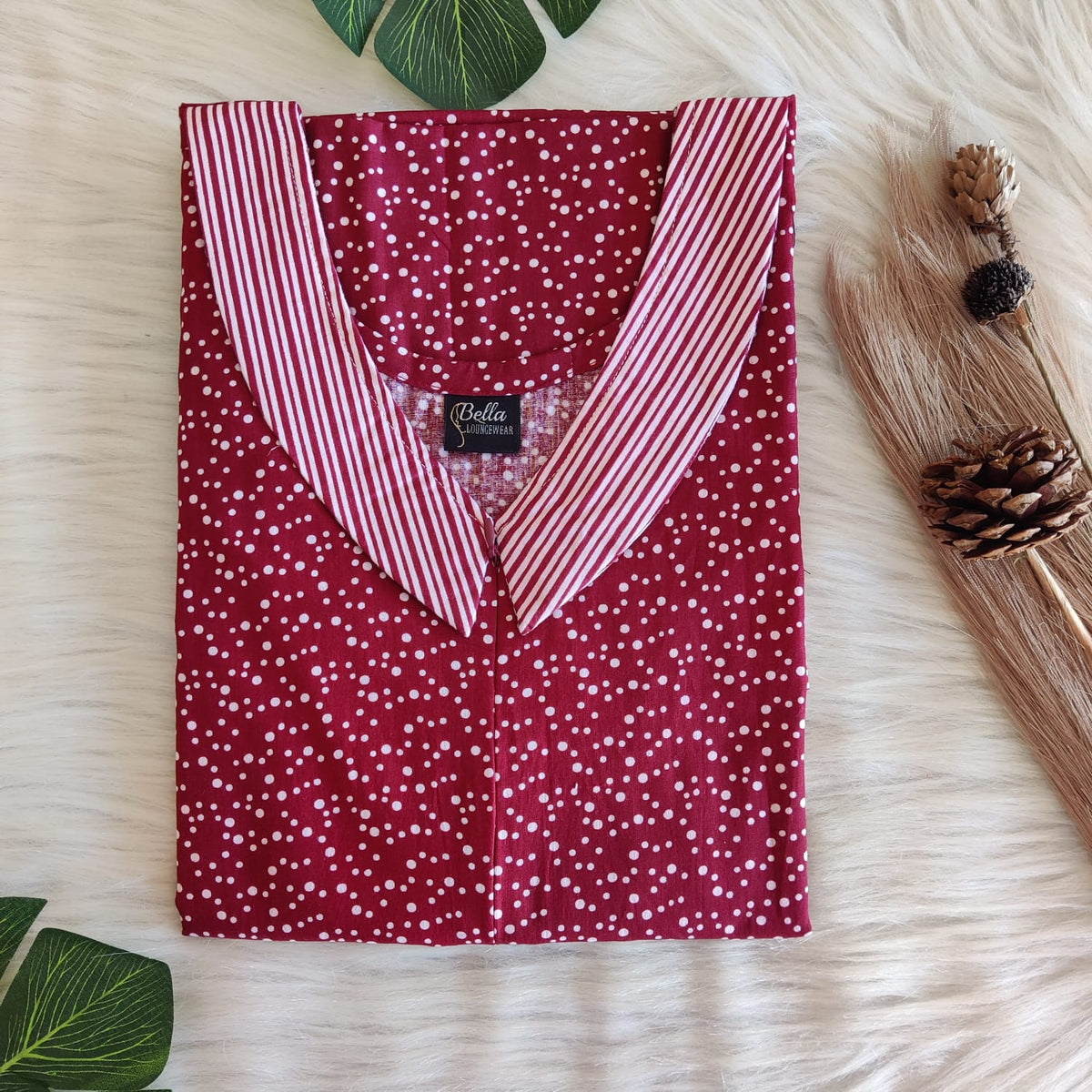 White And Maroon Dot Printed Premium Cotton Peter Pan Collar Long Zip Feeding Nighty | Free Size | Chest Width 44″| Length 56″