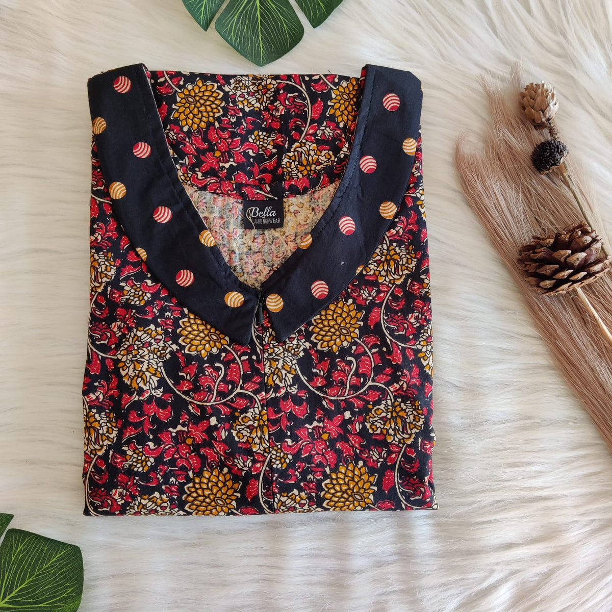 Black And Red Floral Printed Premium Cotton Peter Pan Collar Long Zip Feeding Nighty | Free Size | Chest Width 44″| Length 56″