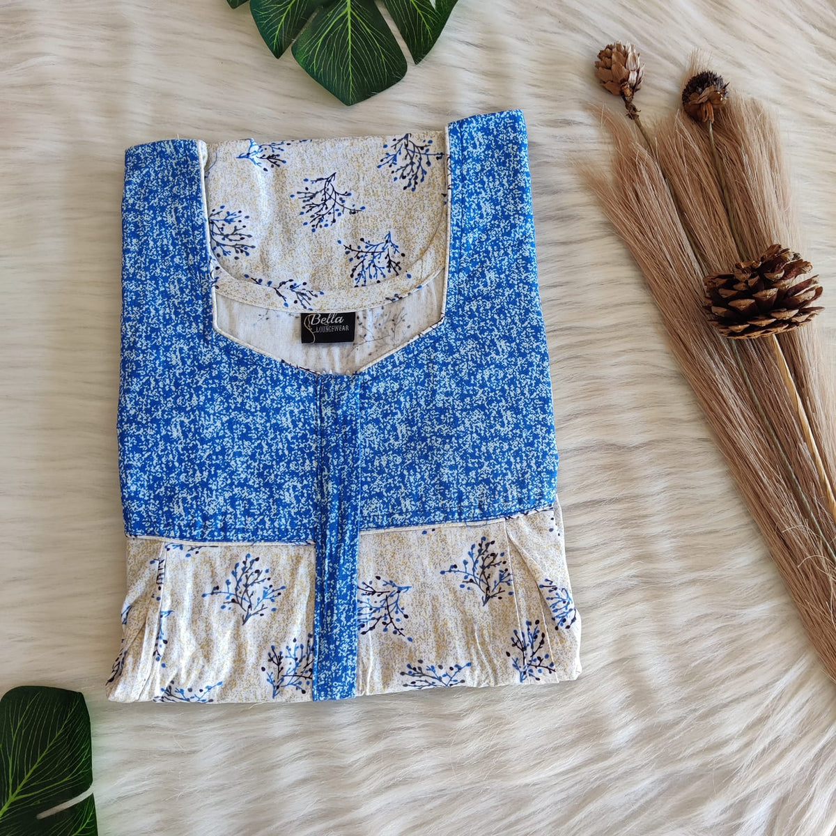 Blue And White Floral Printed Premium Cotton Pleated Vertical Zip Feeding Nighty | Free Size | Chest Width 44″| Length 54″-56″
