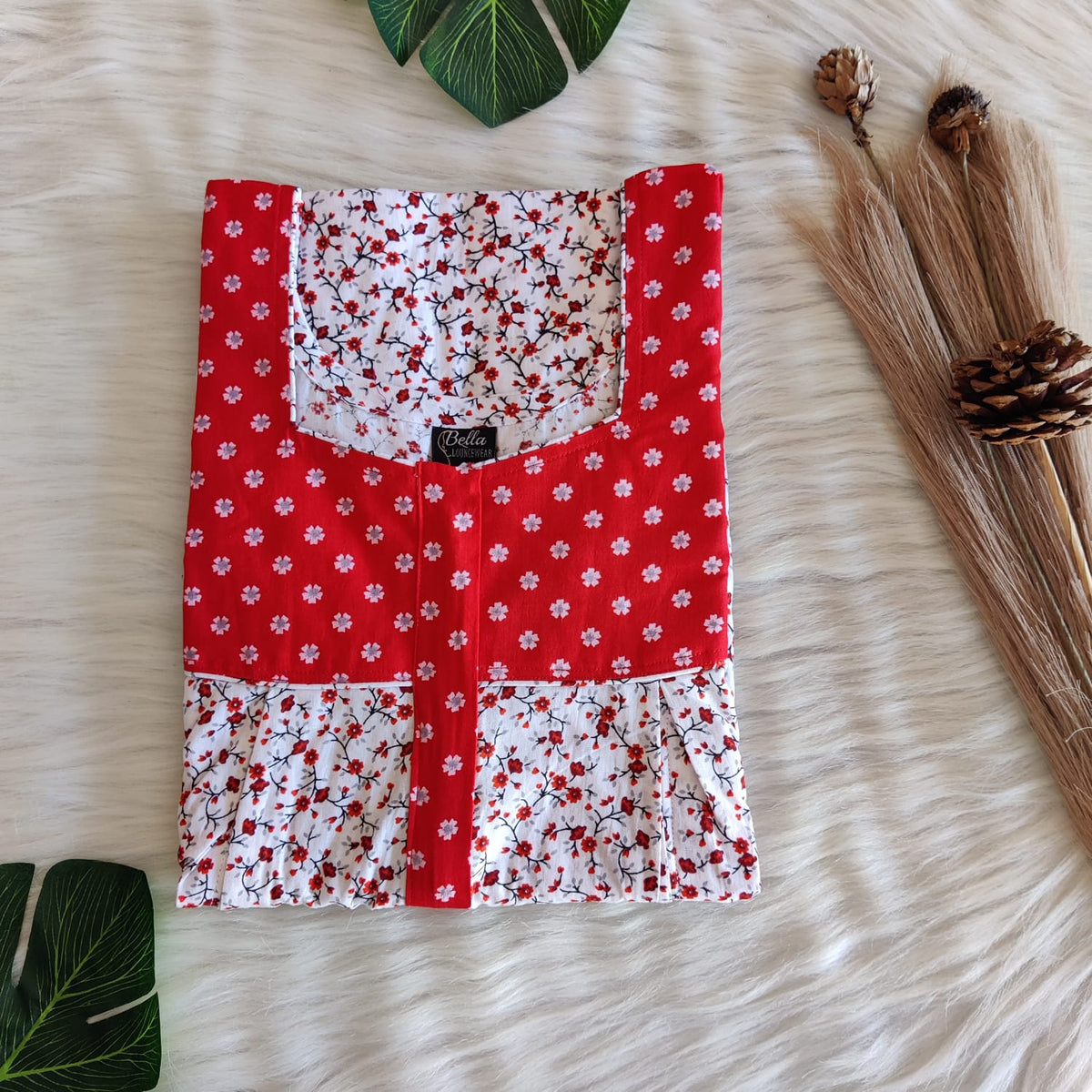 Red And White Floral Printed Premium Cotton Pleated Vertical Zip Feeding Nighty | Free Size | Chest Width 44″| Length 54″-56″