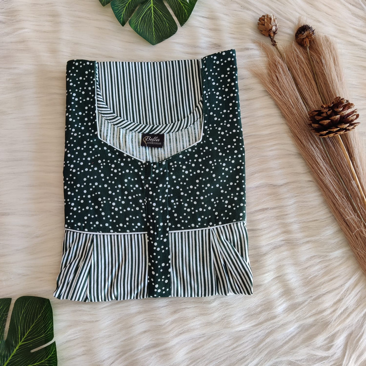 Green And White Stripes Printed Premium Cotton Pleated Vertical Zip Feeding Nighty | Free Size | Chest Width 44″| Length 54″-56″