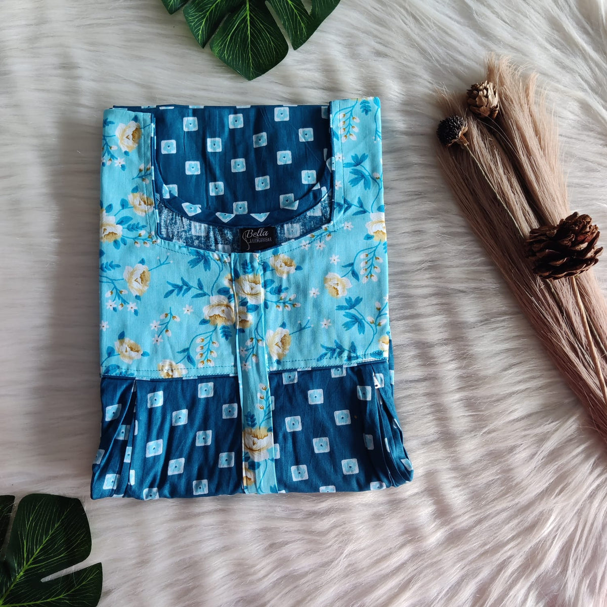 Pale And Dark Blue Printed Premium Cotton Pleated Vertical Zip Feeding Nighty | Free Size | Chest Width 44″| Length 54″-56″