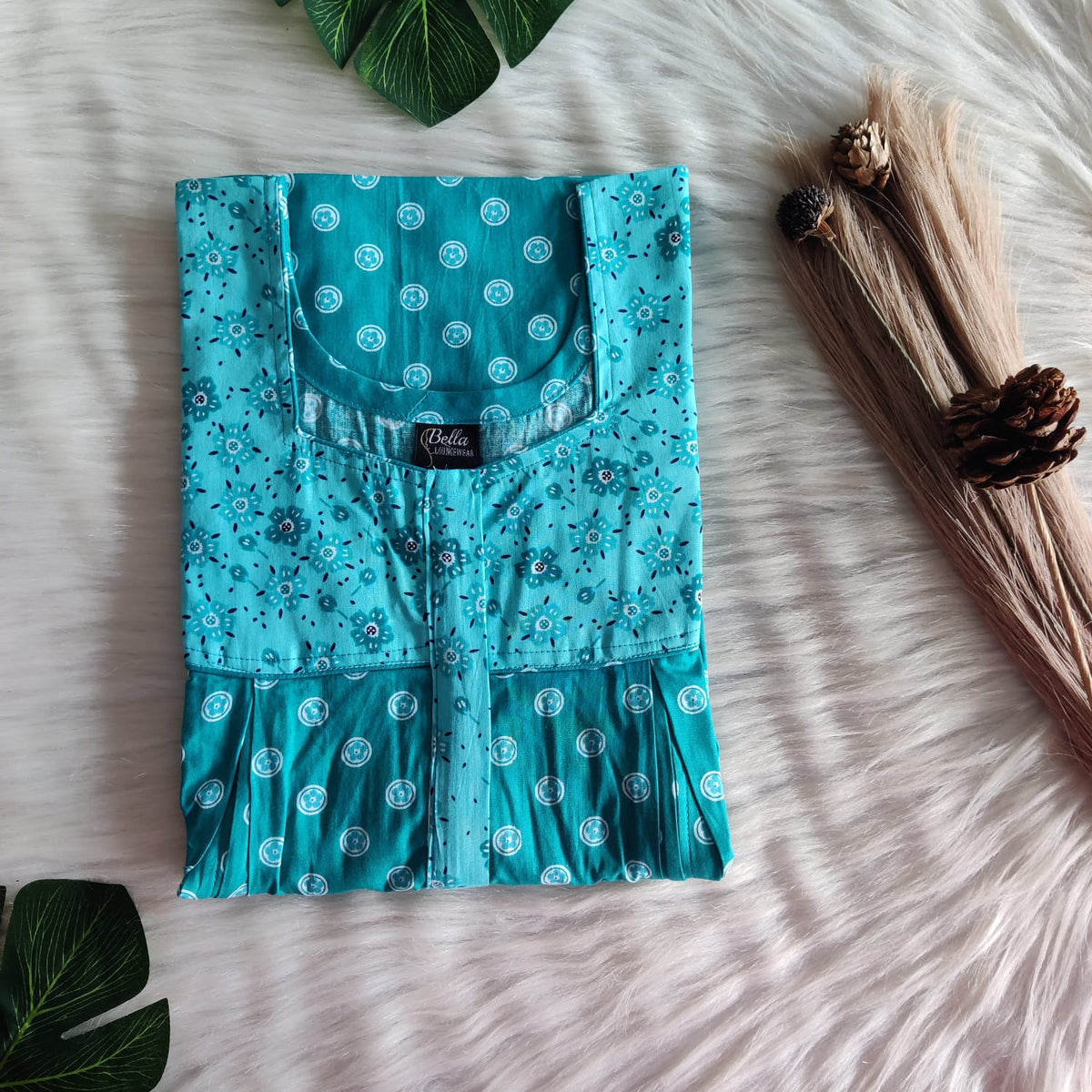 Pale And Dark Aqua Blue Printed Premium Cotton Pleated Vertical Zip Feeding Nighty | Free Size | Chest Width 44″| Length 54″-56″