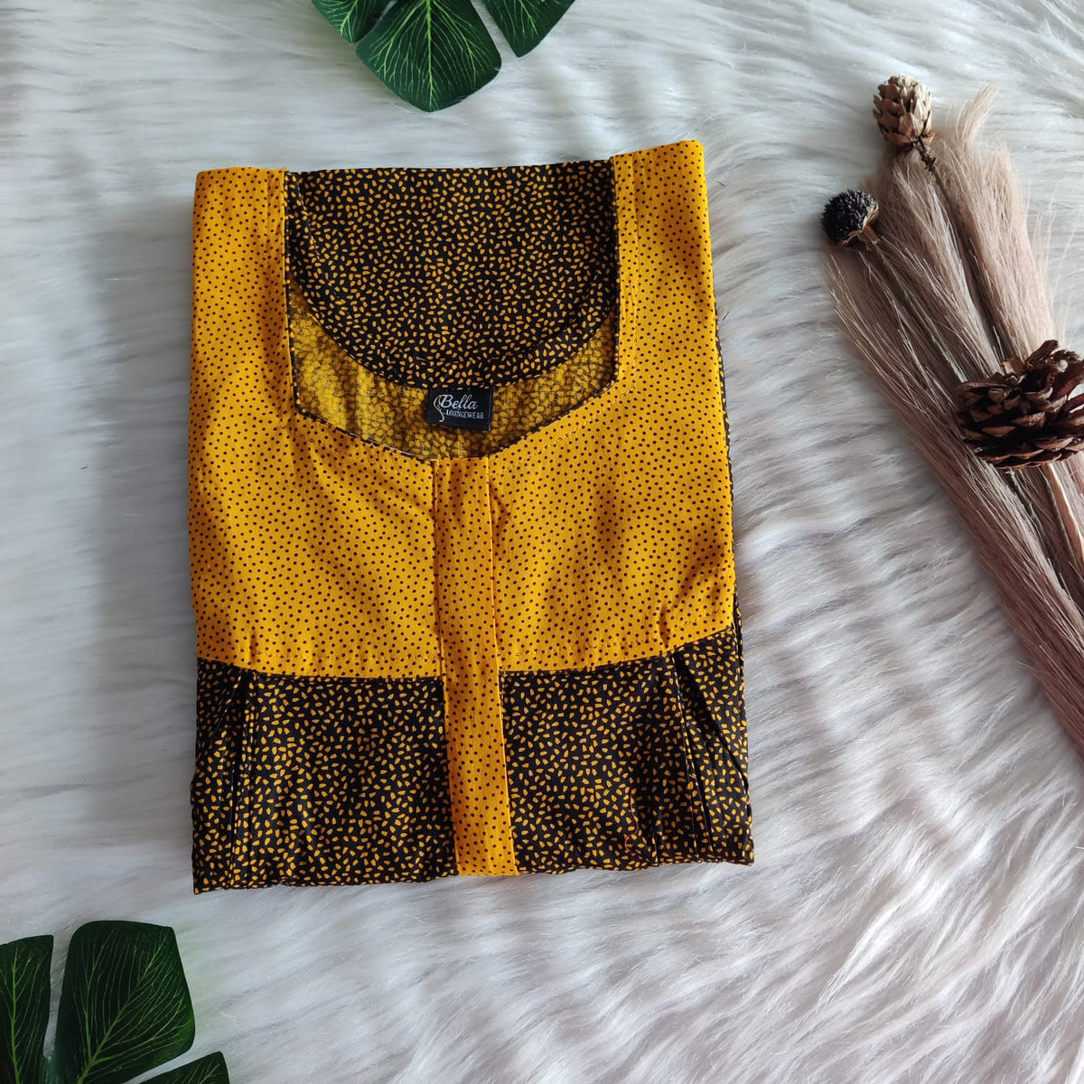 Yellow And Black Dot Printed Premium Cotton Pleated Vertical Zip Feeding Nighty | Free Size | Chest Width 44″| Length 54″-56″