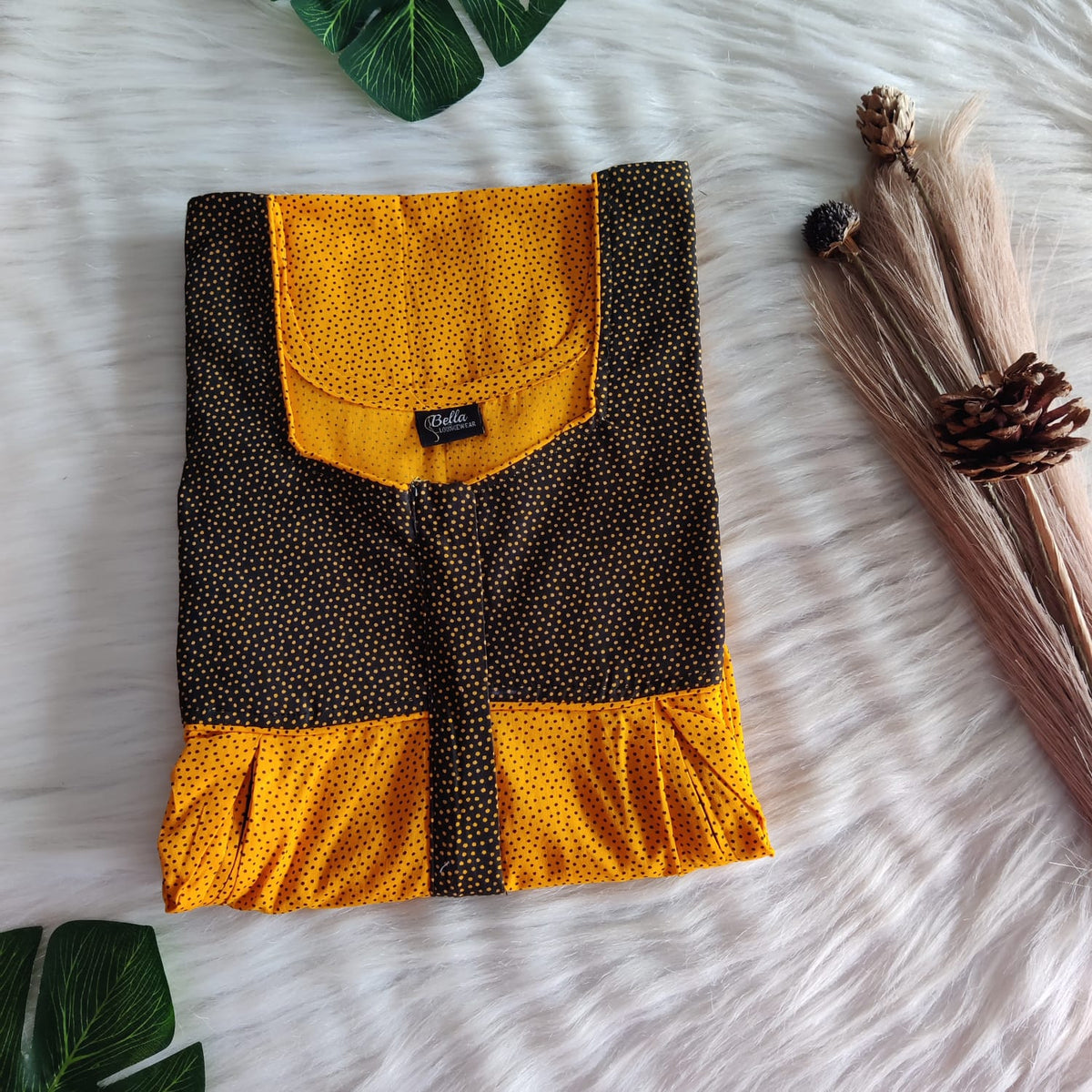 Black And Yellow Dot Printed Premium Cotton Pleated Vertical Zip Feeding Nighty | Free Size | Chest Width 44″| Length 54″-56″