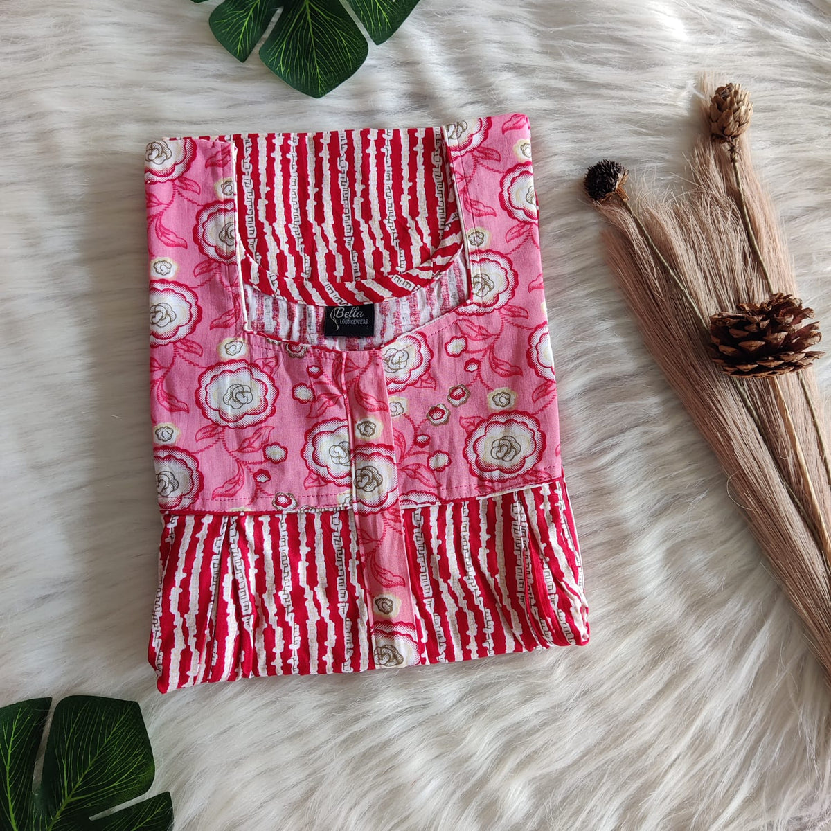 Peach And Red Stripes Printed Premium Cotton Pleated Vertical Zip Feeding Nighty | Free Size | Chest Width 44″| Length 54″-56″|