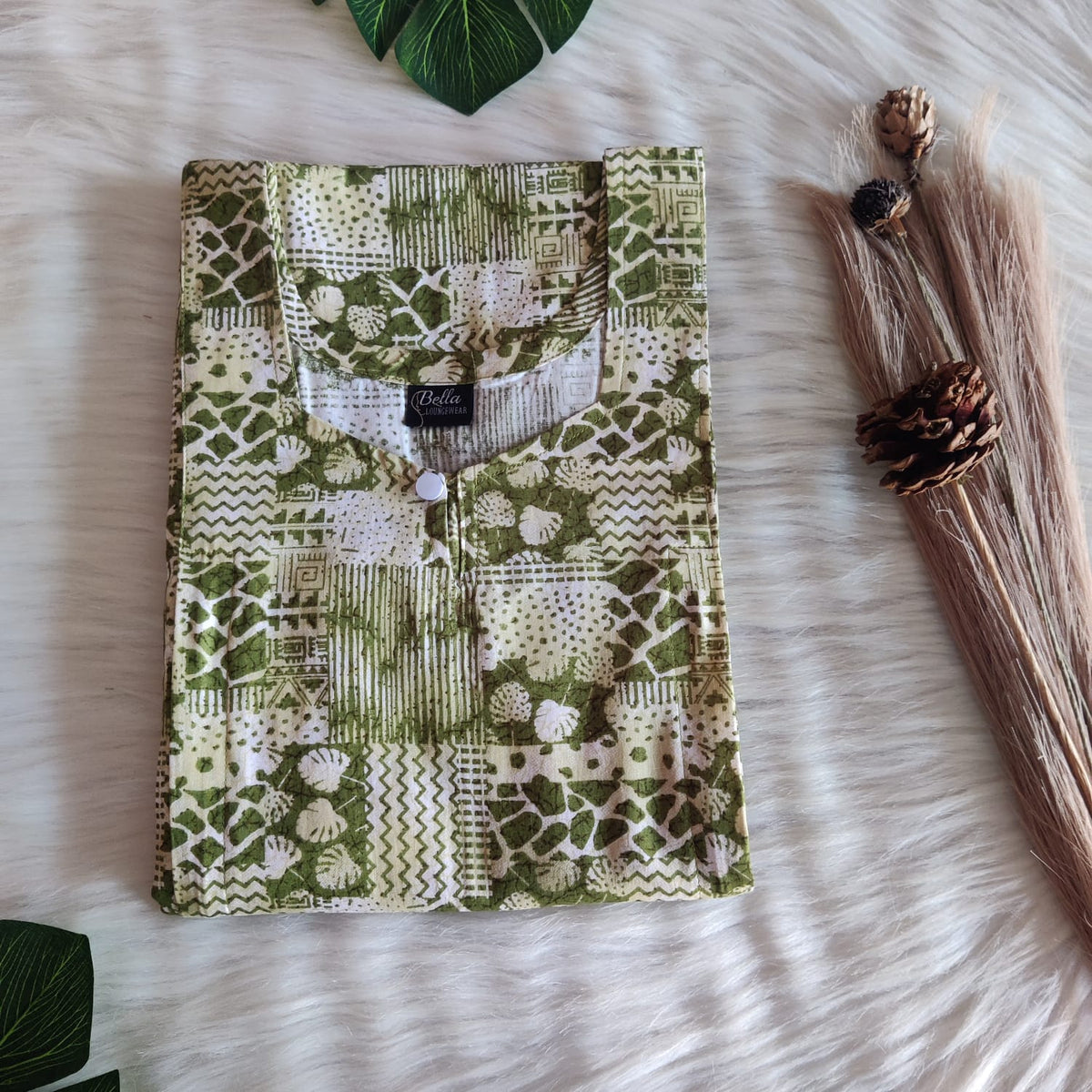 Green And Cream Printed Premium Cotton Aline Cut Vertical Zip Feeding Nighty | Free Size | Chest Width 44″| Length 54″-56″