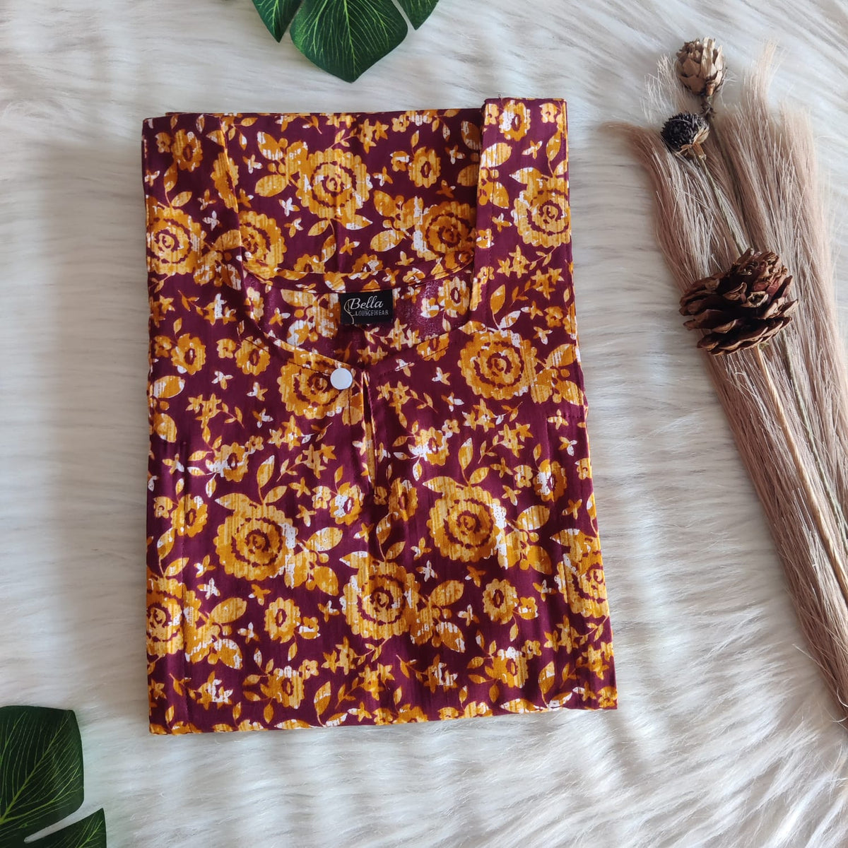 Maroon And Brown Floral Printed Premium Cotton Aline Cut Vertical Zip Feeding Nighty | Free Size | Chest Width 44″| Length 54″-56″