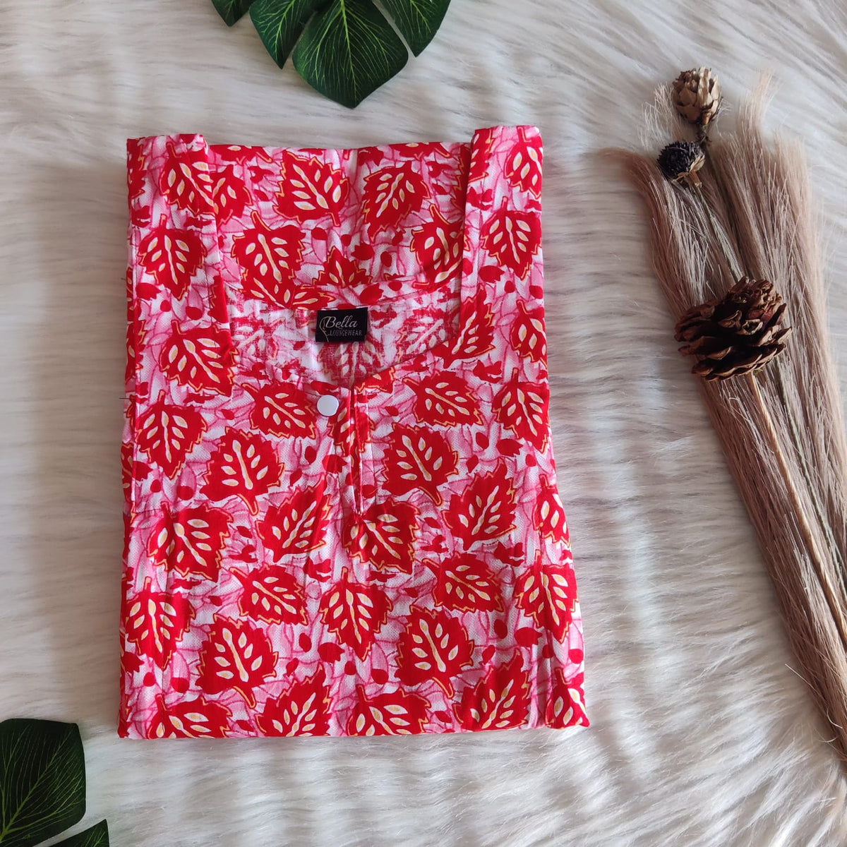 Red Leaf Printed Premium Cotton Aline Cut Vertical Zip Feeding Nighty | Free Size | Chest Width 44″| Length 54″-56″
