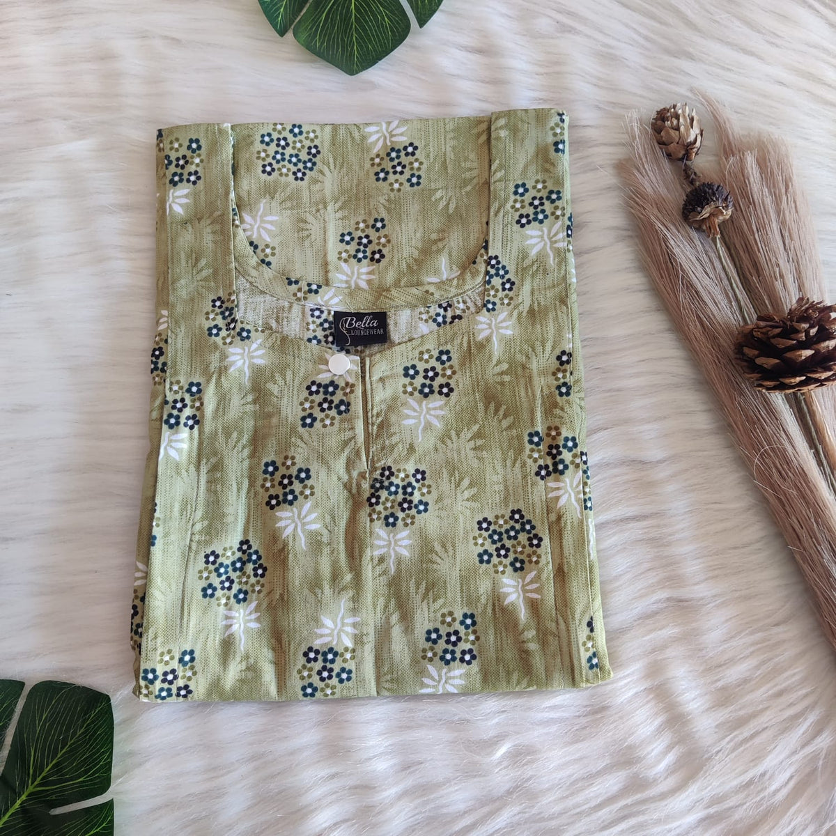 Green Floral Printed Premium Cotton Aline Cut Vertical Zip Feeding Nighty | Free Size | Chest Width 44″| Length 54″-56″