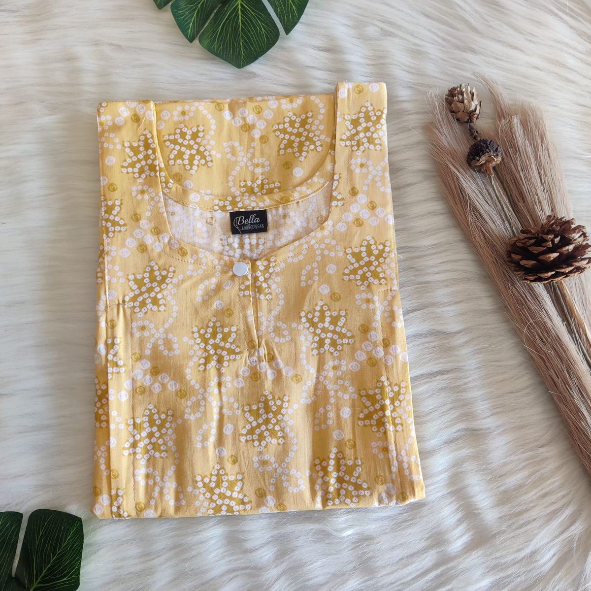 Pale Yellow Bandhani Printed Premium Cotton Aline Cut Vertical Zip Feeding Nighty | Free Size | Chest Width 44″| Length 54″-56″