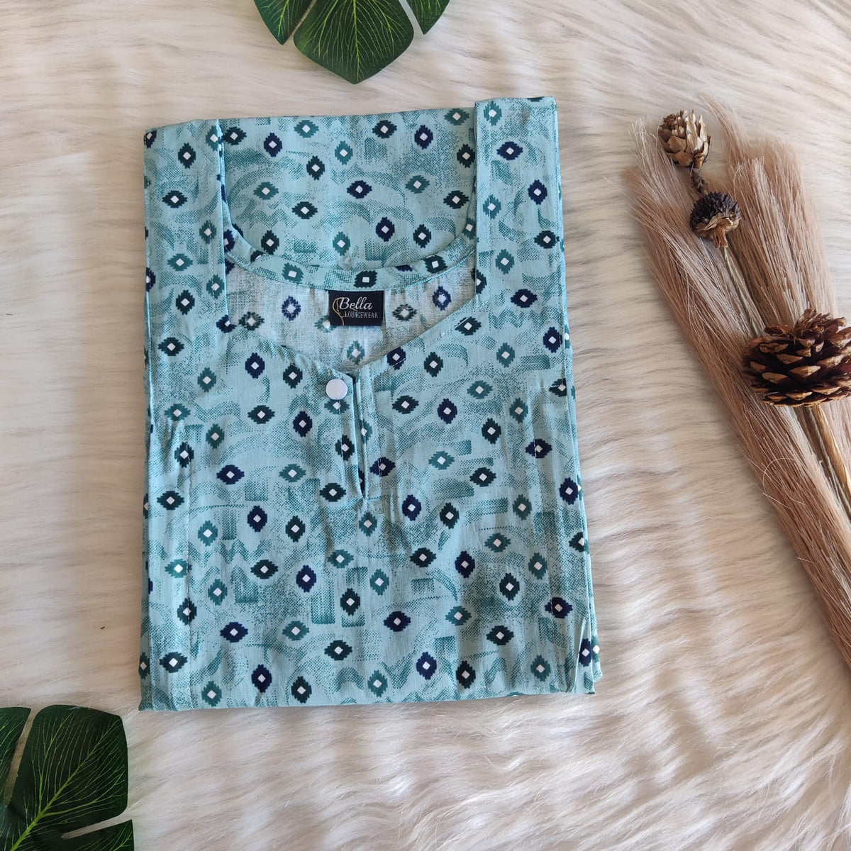 Pastel Green Printed Premium Cotton Aline Cut Vertical Zip Feeding Nighty | Free Size | Chest Width 44″| Length 54″-56″