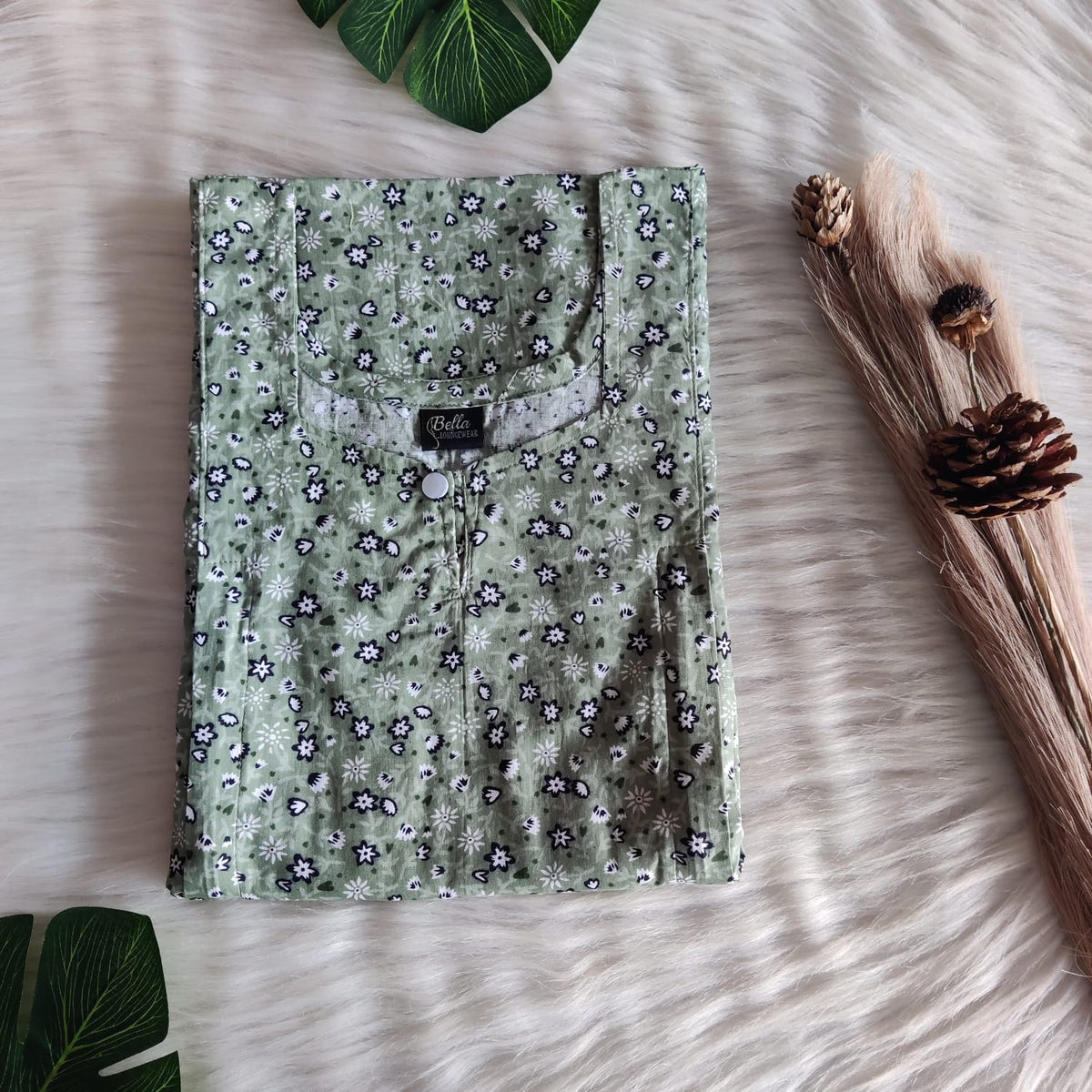 Pastel Green And White Floral Printed Premium Cotton Aline Cut Vertical Zip Feeding Nighty | Free Size | Chest Width 44″| Length 54″-56″|