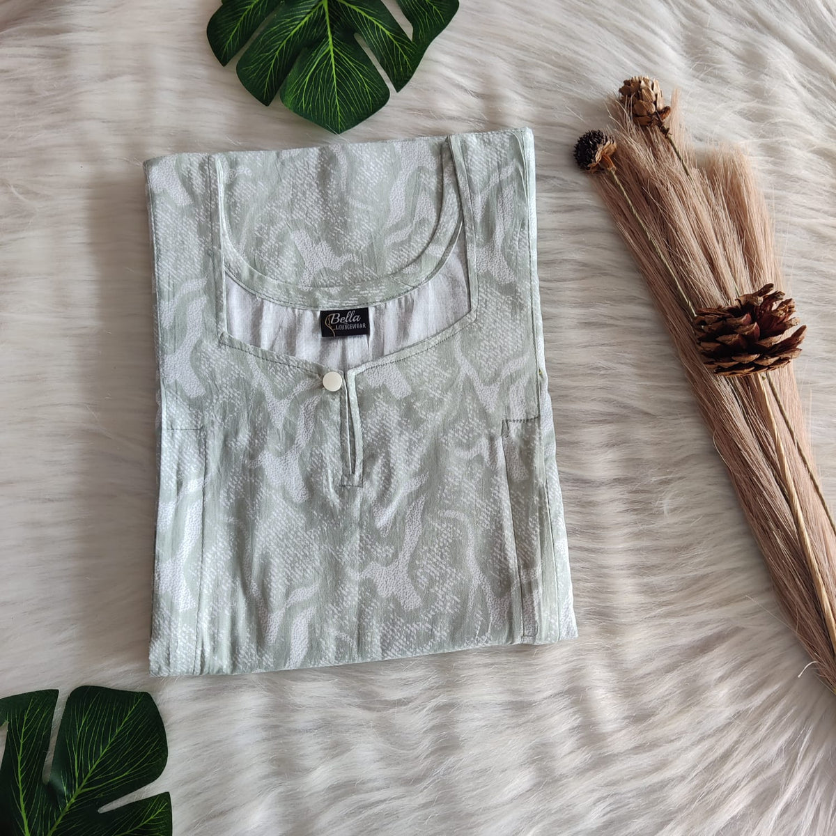 Pale Green Printed Premium Cotton Aline Cut Vertical Zip Feeding Nighty | Free Size | Chest Width 44″| Length 54″-56″|