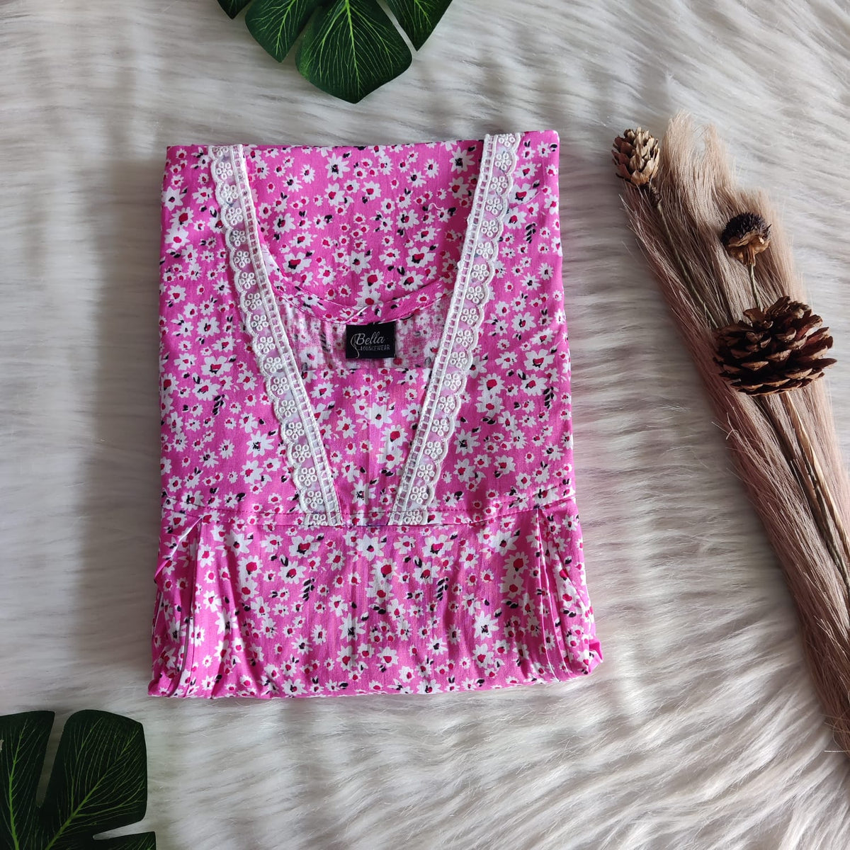 Pink And White Floral Printed Premium Cotton Two Side Vertical Lace Zip Feeding Nighty | Free Size | Chest Width 44″| Length 56″|
