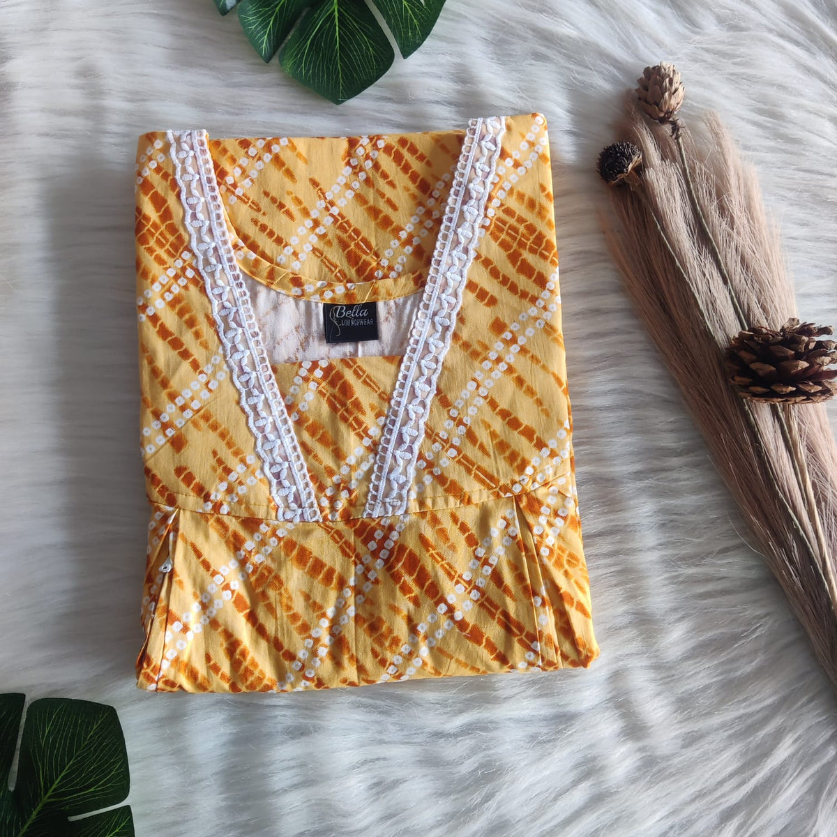 Yellow And White Bandhani Printed Premium Cotton Two Side Vertical Lace Zip Feeding Nighty | Free Size | Chest Width 44″| Length 56″