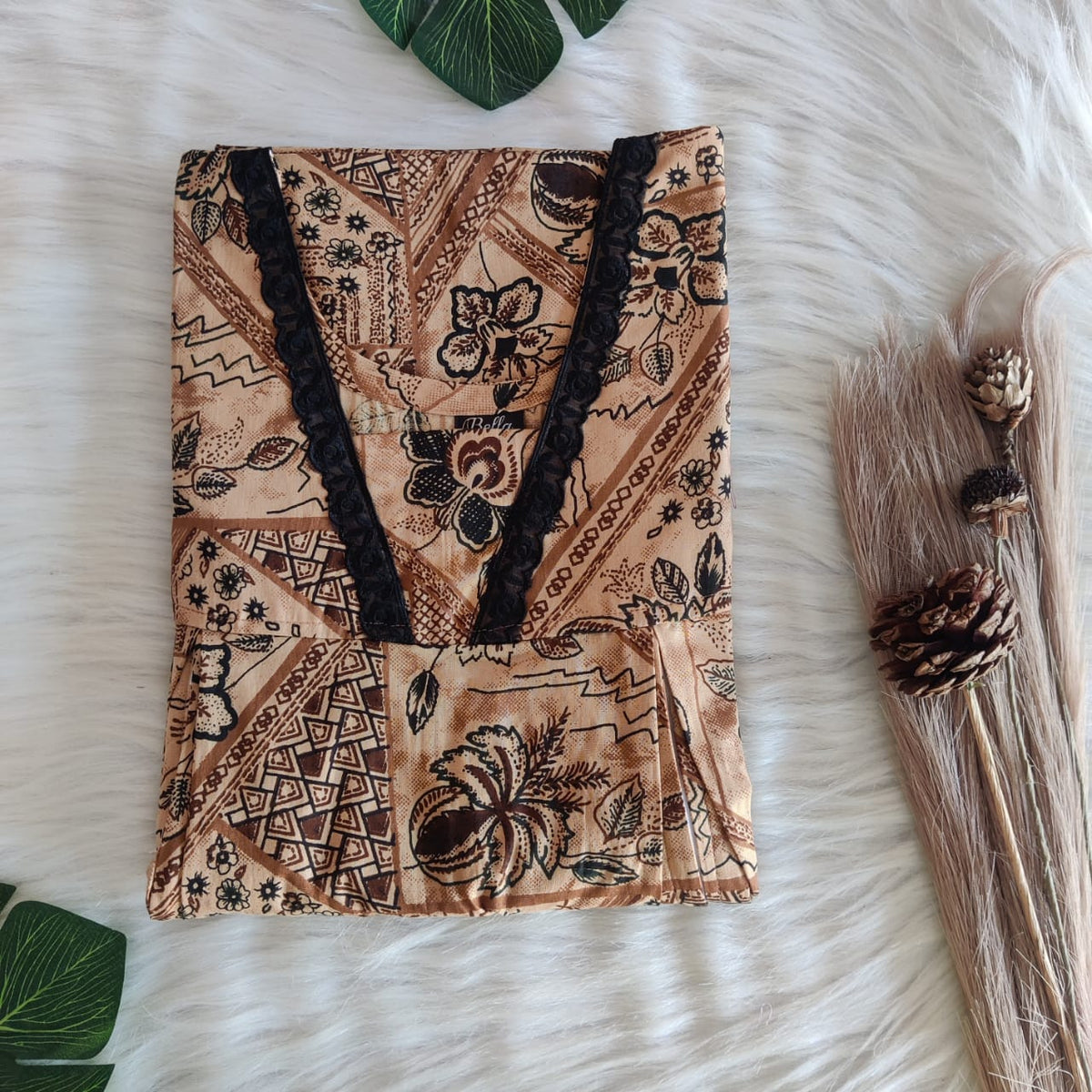 Brown And Black Leaf Printed Premium Cotton Two Side Vertical Lace Zip Feeding Nighty | Free Size | Chest Width 44″| Length 56″