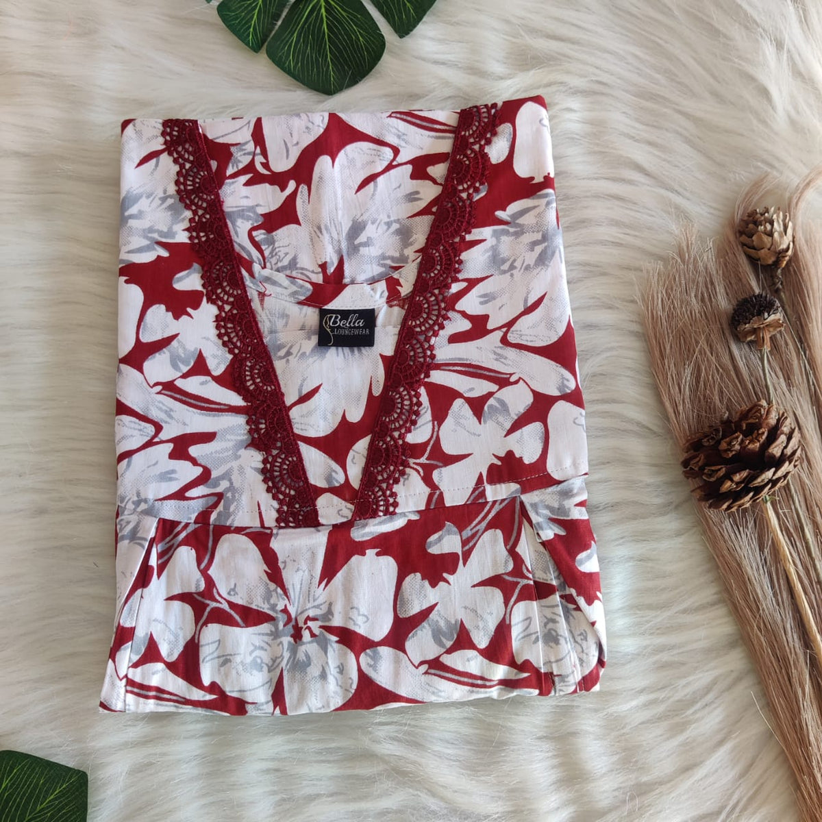 Maroon And White Floral Printed Premium Cotton Two Side Vertical Lace Zip Feeding Nighty | Free Size | Chest Width 44″| Length 56″