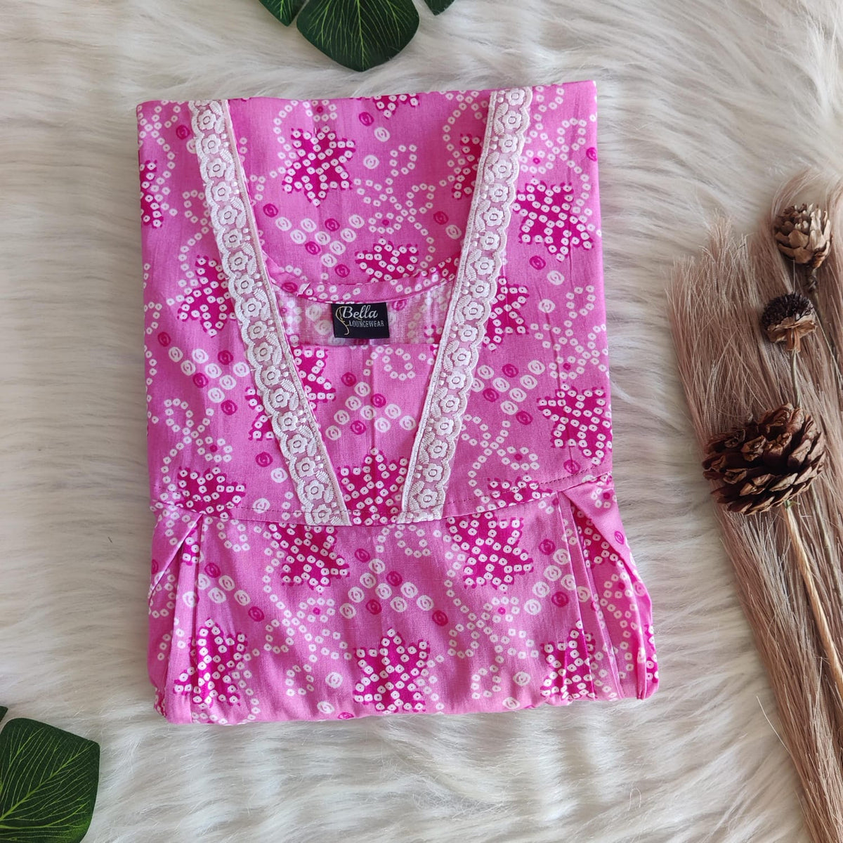 Pink Bhandani Printed Premium Cotton Two Side Vertical Lace Zip Feeding Nighty | Free Size | Chest Width 44″| Length 56″