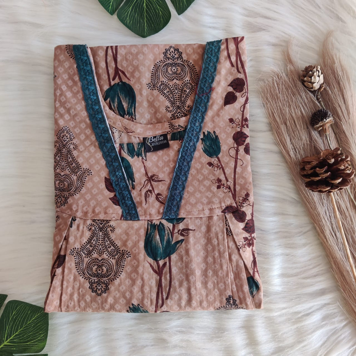 Pastel Brown And Green Floral Printed Premium Cotton Two Side Vertical Lace Zip Feeding Nighty | Free Size | Chest Width 44″| Length 56″
