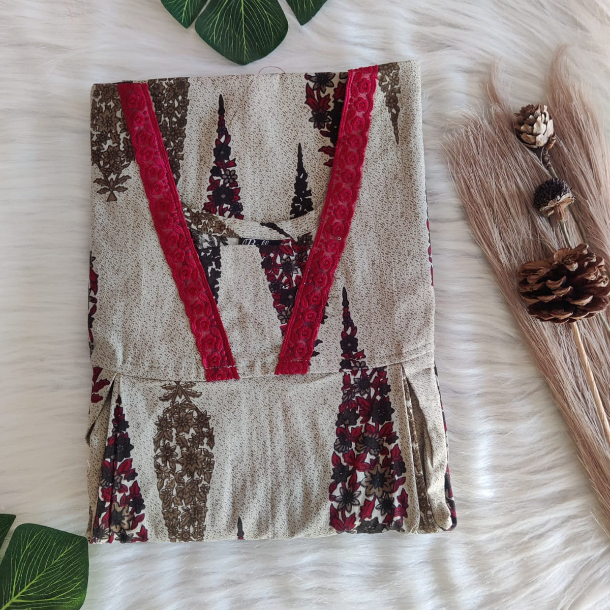 Pastel Green And Red Printed Premium Cotton Two Side Vertical Lace Zip Feeding Nighty | Free Size | Chest Width 44″| Length 56″