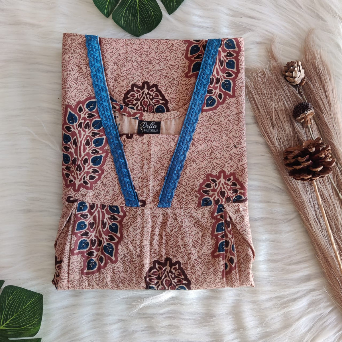 Pastel Brown And Blue Printed Premium Cotton Two Side Vertical Lace Zip Feeding Nighty | Free Size | Chest Width 44″| Length 56″