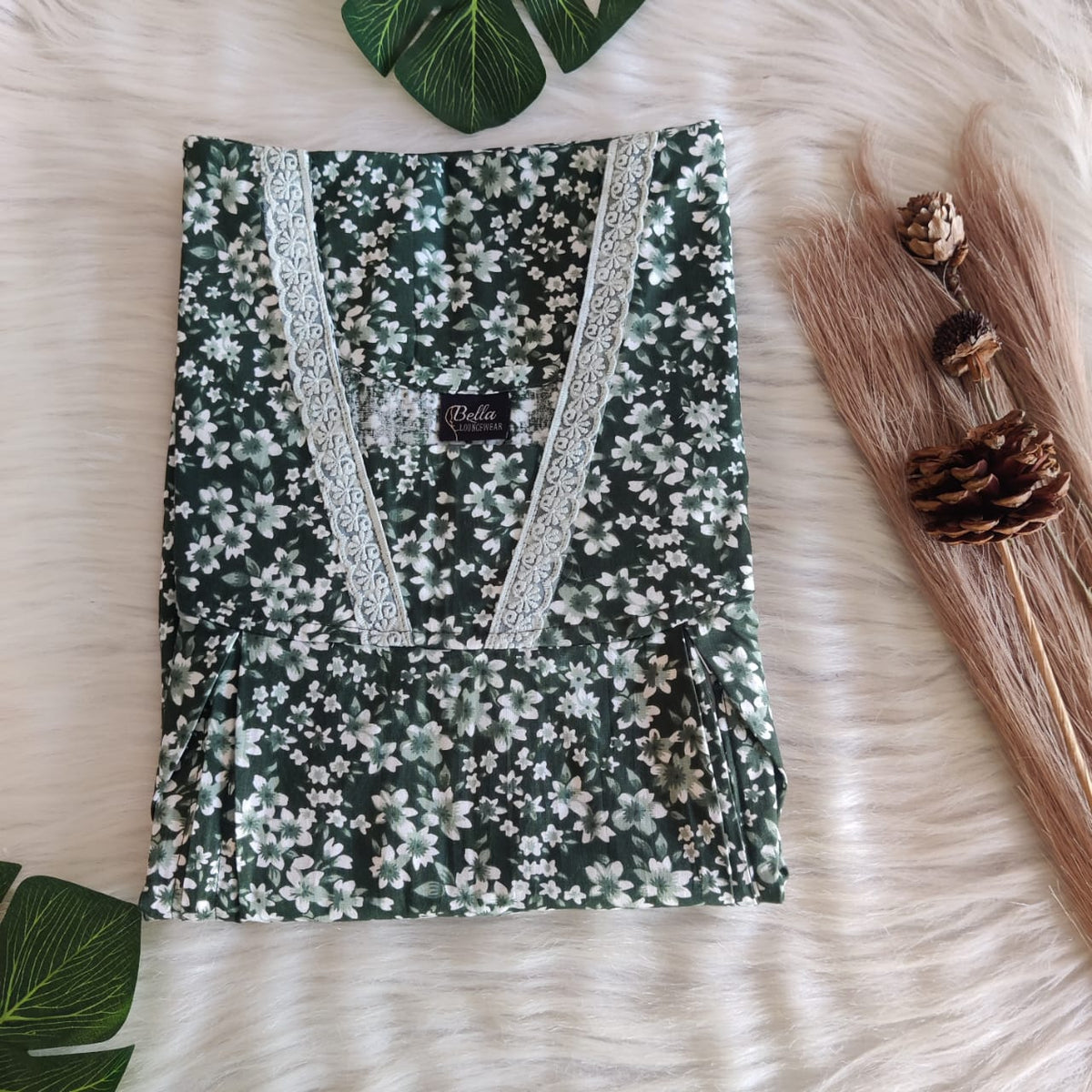 Green Floral Printed Premium Cotton Two Side Vertical Lace Zip Feeding Nighty | Free Size | Chest Width 44″| Length 56″