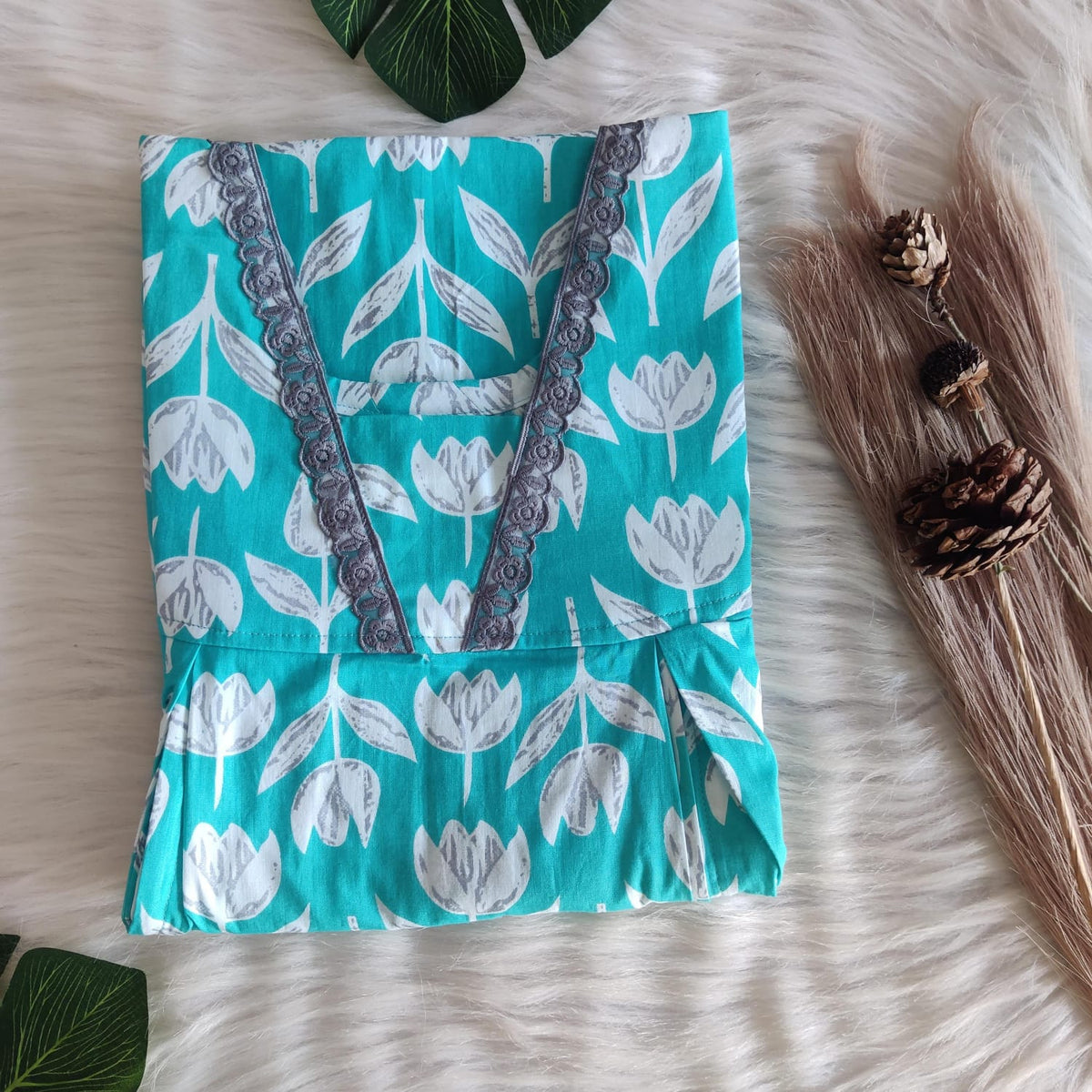 Aqua Blue And White Floral Printed Premium Cotton Two Side Vertical Lace Zip Feeding Nighty | Free Size | Chest Width 44″| Length 56″