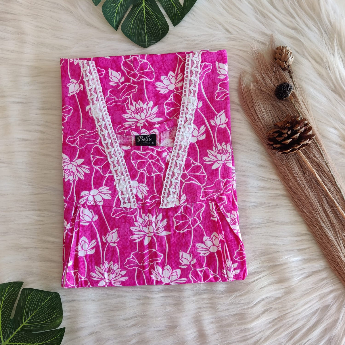 Pink And White Floral Printed Premium Cotton Two Side Vertical Lace Zip Feeding Nighty | Free Size | Chest Width 44″| Length 56″