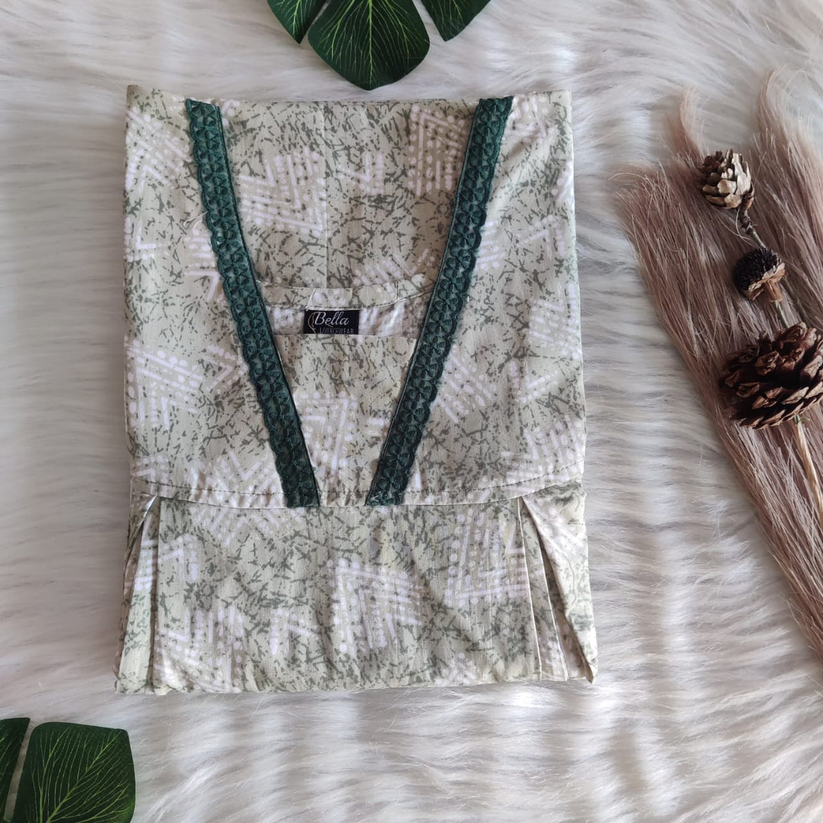 Green And White Printed Premium Cotton Two Side Vertical Lace Zip Feeding Nighty | Free Size | Chest Width 44″| Length 56″