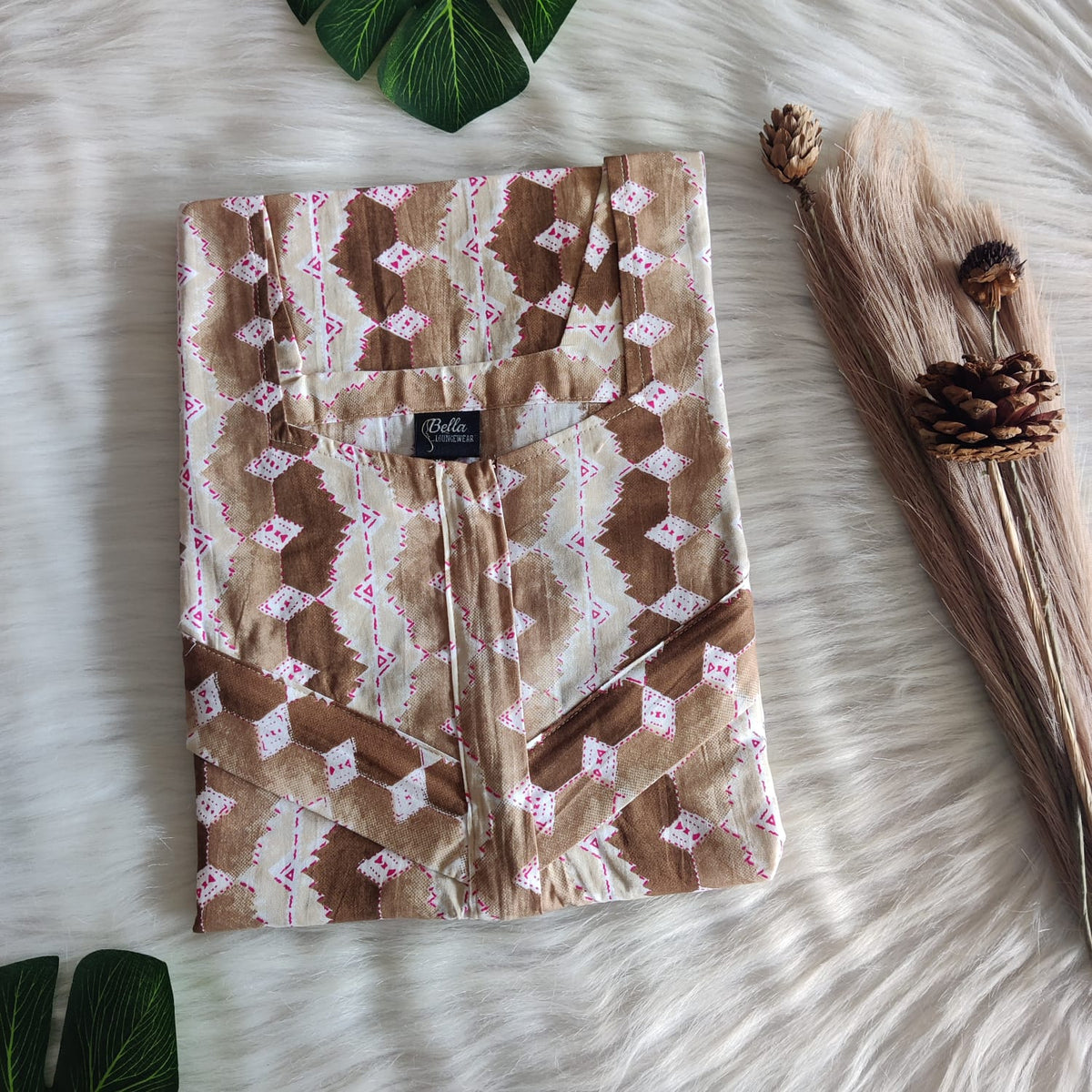 Brown Printed Premium Cotton Horizontal Zip Feeding Nighty | Free Size | Chest Width 44″| Length 54″-56″|