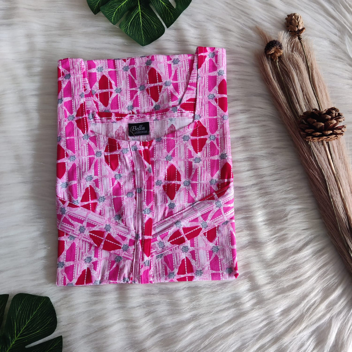 Pink Printed Premium Cotton Horizontal Zip Feeding Nighty | Free Size | Chest Width 44″| Length 54″-56″|