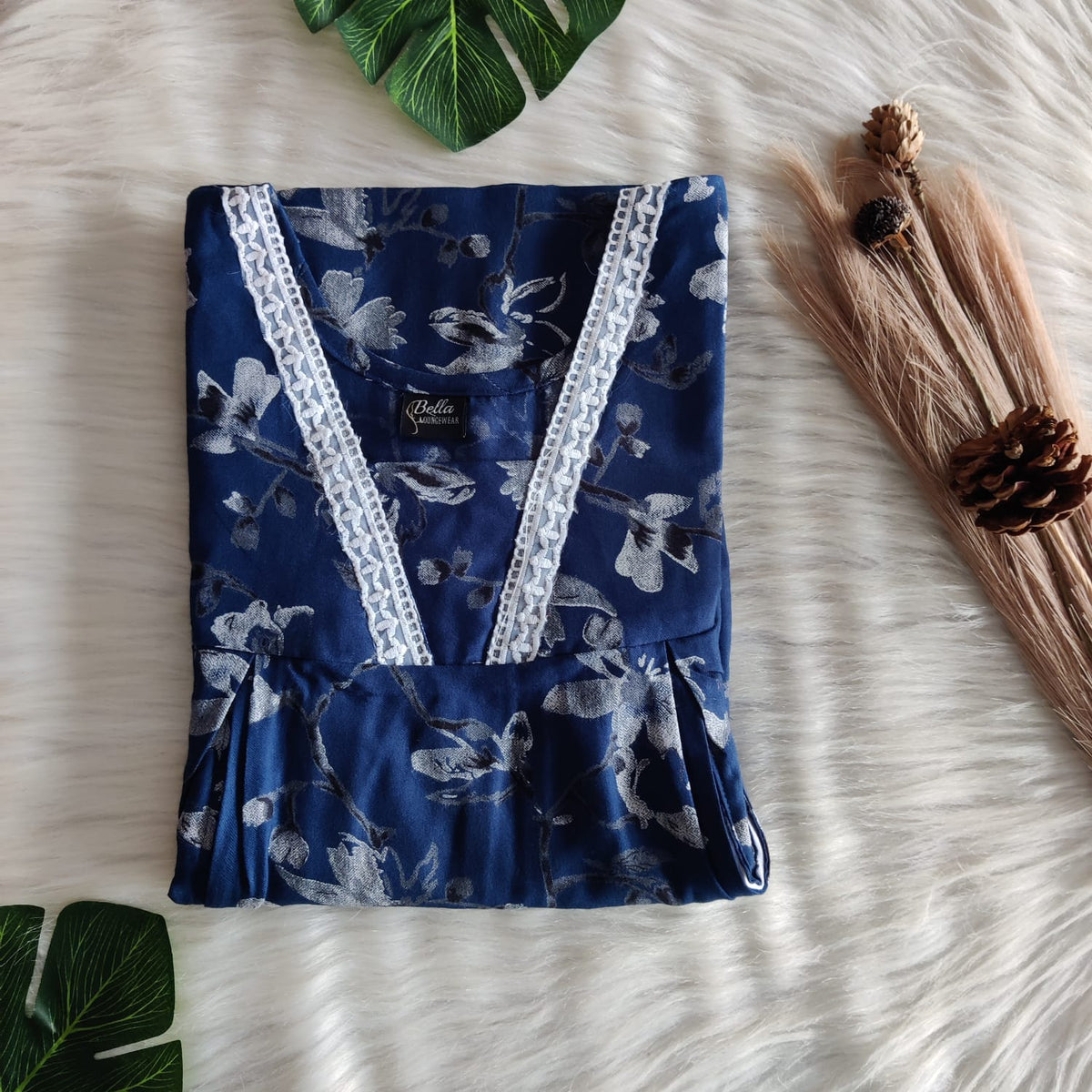 Blue Floral Printed Alfine Two Side Vertical Zip Lace Nighty | Free Size | Chest Width 44″ | Length 56″