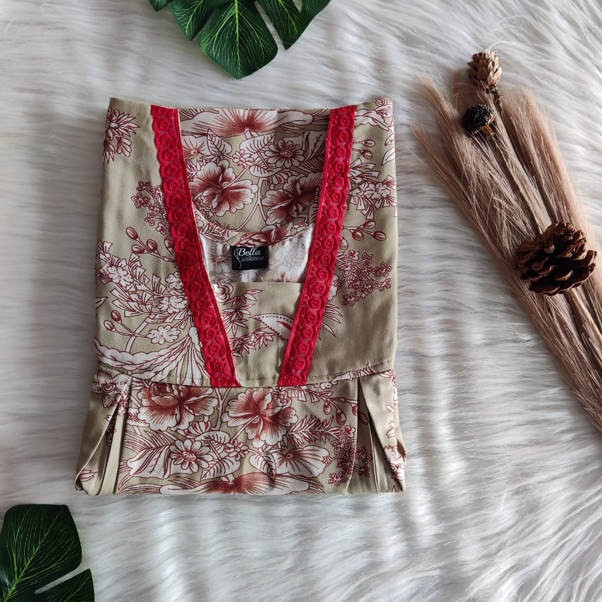 Pastel Green Floral Printed Alfine Two Side Vertical Zip Lace Nighty | Free Size | Chest Width 44″ | Length 56″