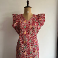 Garage Sale - Red Kalamkari Printed Gujari Cotton Ruffle Sleeve Short Maternity Gown