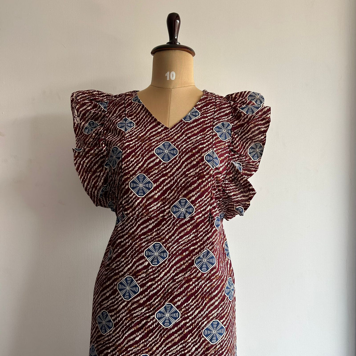 Coffee Brown And Navy-Blue Printed Gujari Cotton Ruffle Sleeve Short Maternity Gown