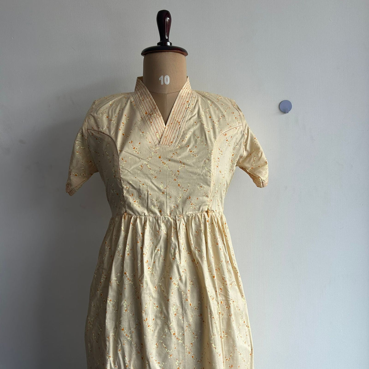 Pale Yellow Printed Premium Cotton V Collar Neck Short Maternity Gown
