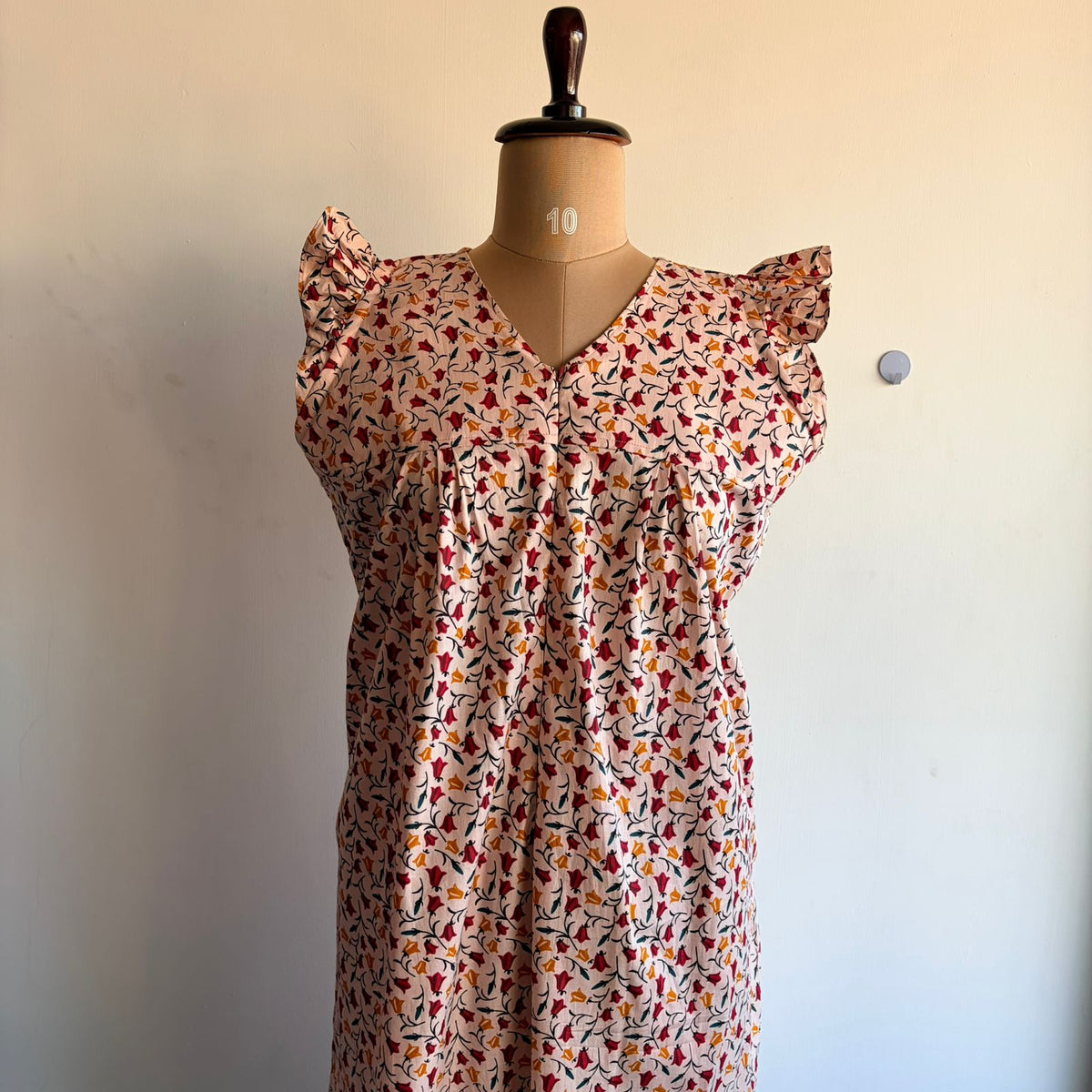 Cream Floral Printed Premium Cotton V- Neck Ruffle Sleeve Long Zip Short Maternity Gown | Free Size | Chest Width 44″| Length 44″
