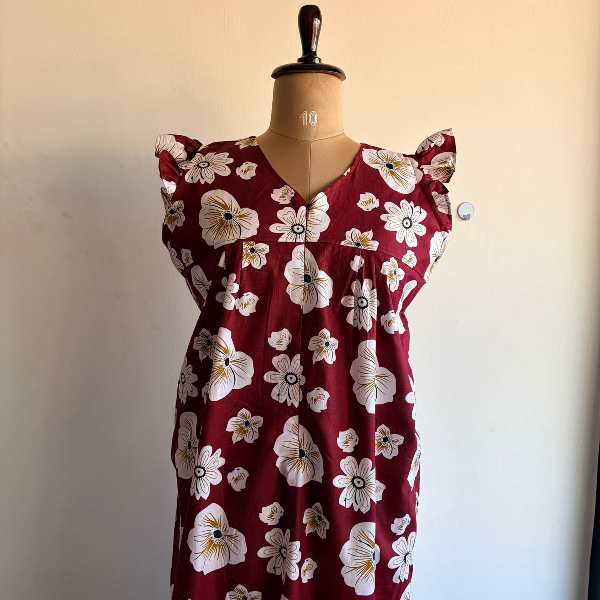 Maroon Floral Printed Premium Cotton V- Neck Ruffle Sleeve Long Zip Short Maternity Gown | Free Size | Chest Width 44″| Length 44″